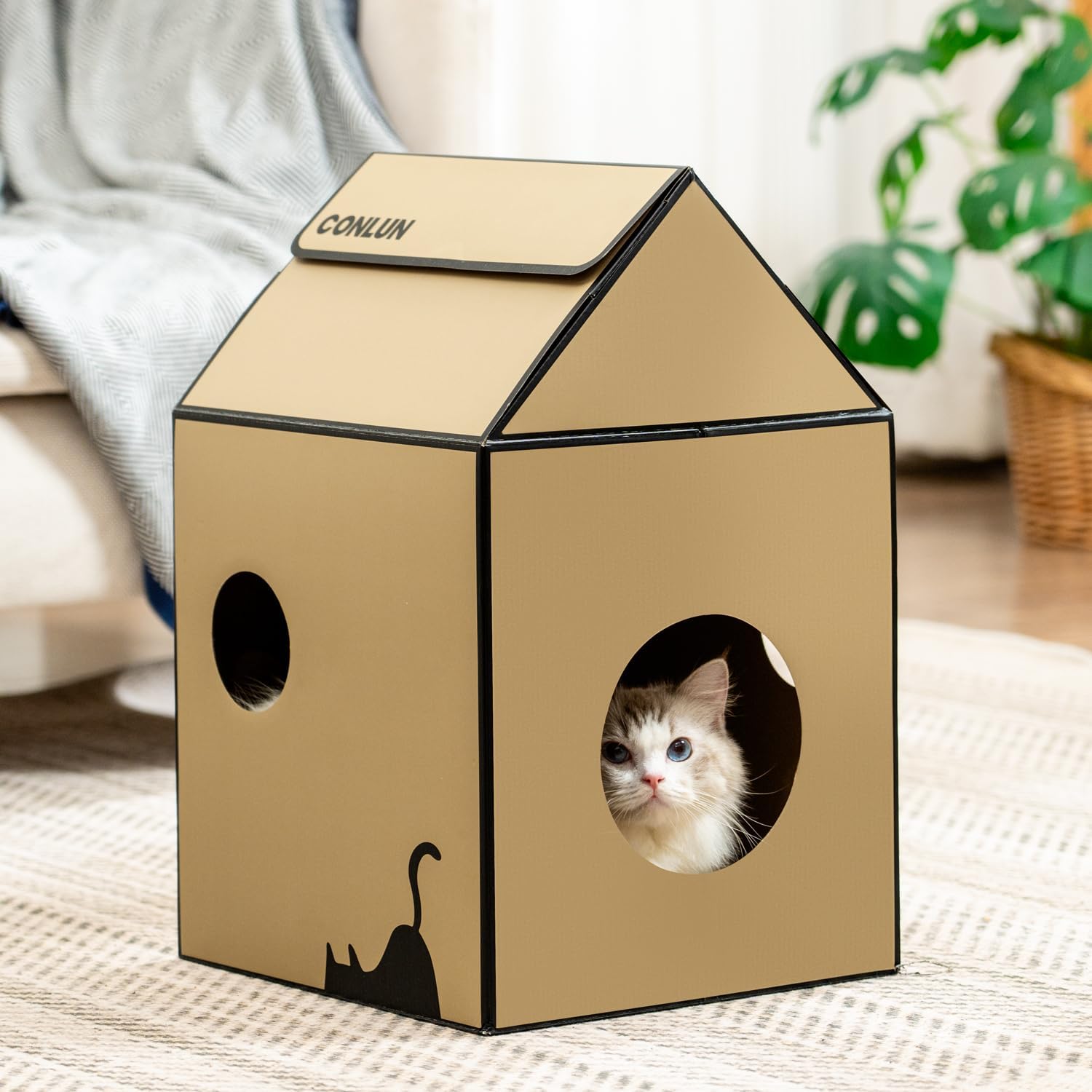 Detalle de 2-in-1 Cat House with Corrugated Scratching Board: Indoor Cave and Scratcher in 2 Sizes