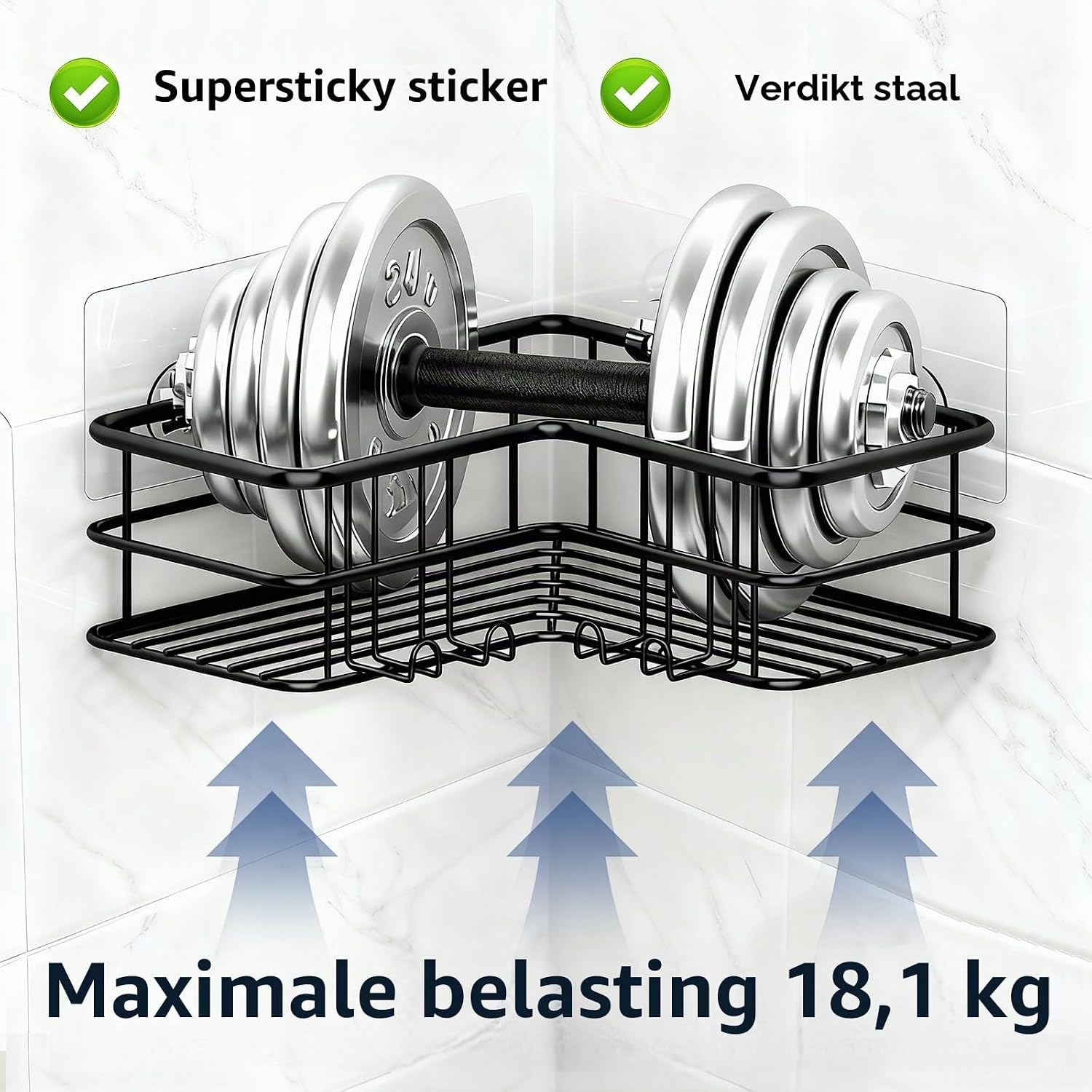 Thumbnail 3 de Menbyci hoekdouchecaddy, 2-delig met 8 haken van 304 roestvrij staal