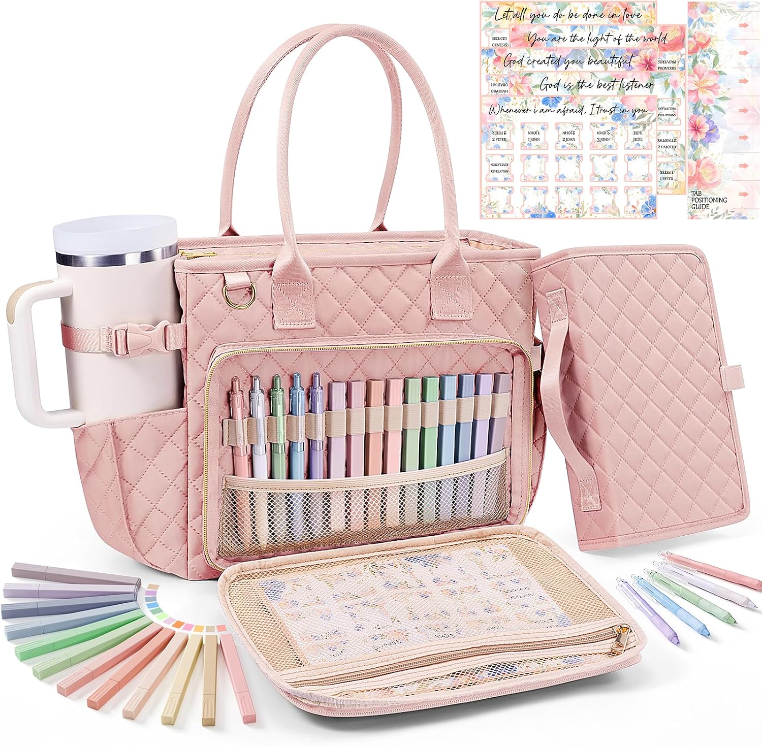 Detalle de FLOE SJTT001 Quilted Bible Tote Bag with Study Supplies and Laptop Sleeve