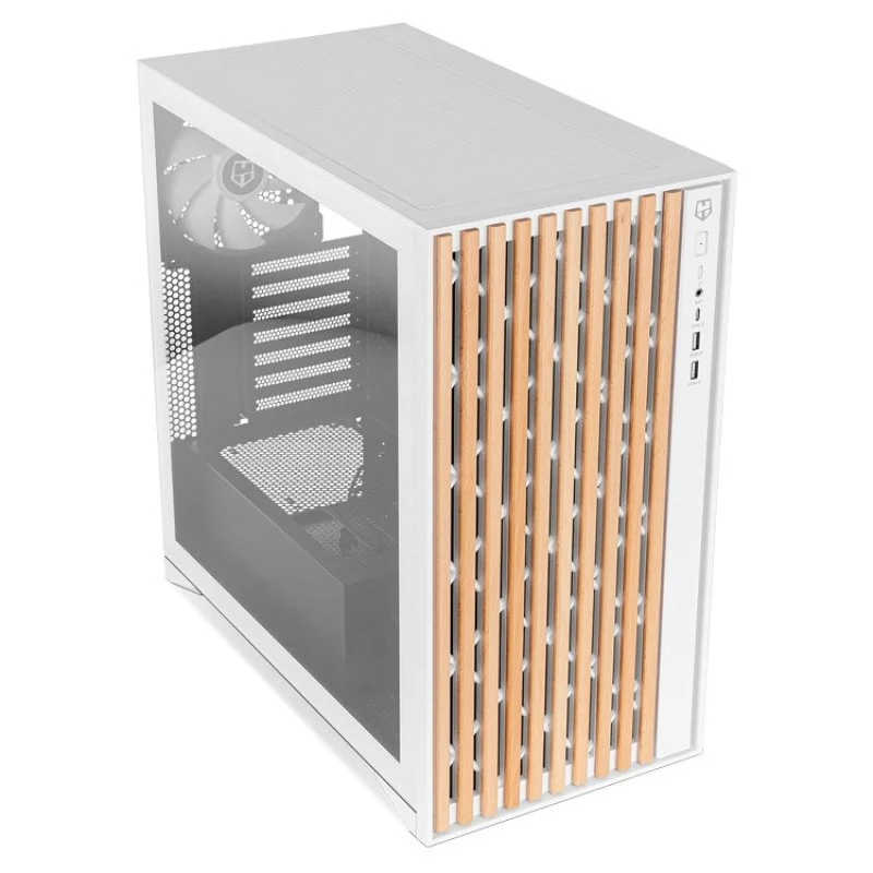 Detalle de Nox Hummer Element Semi Torre ATX con Frontal enmoldado y Lateral de Cristal Templado en Blanco y Madera