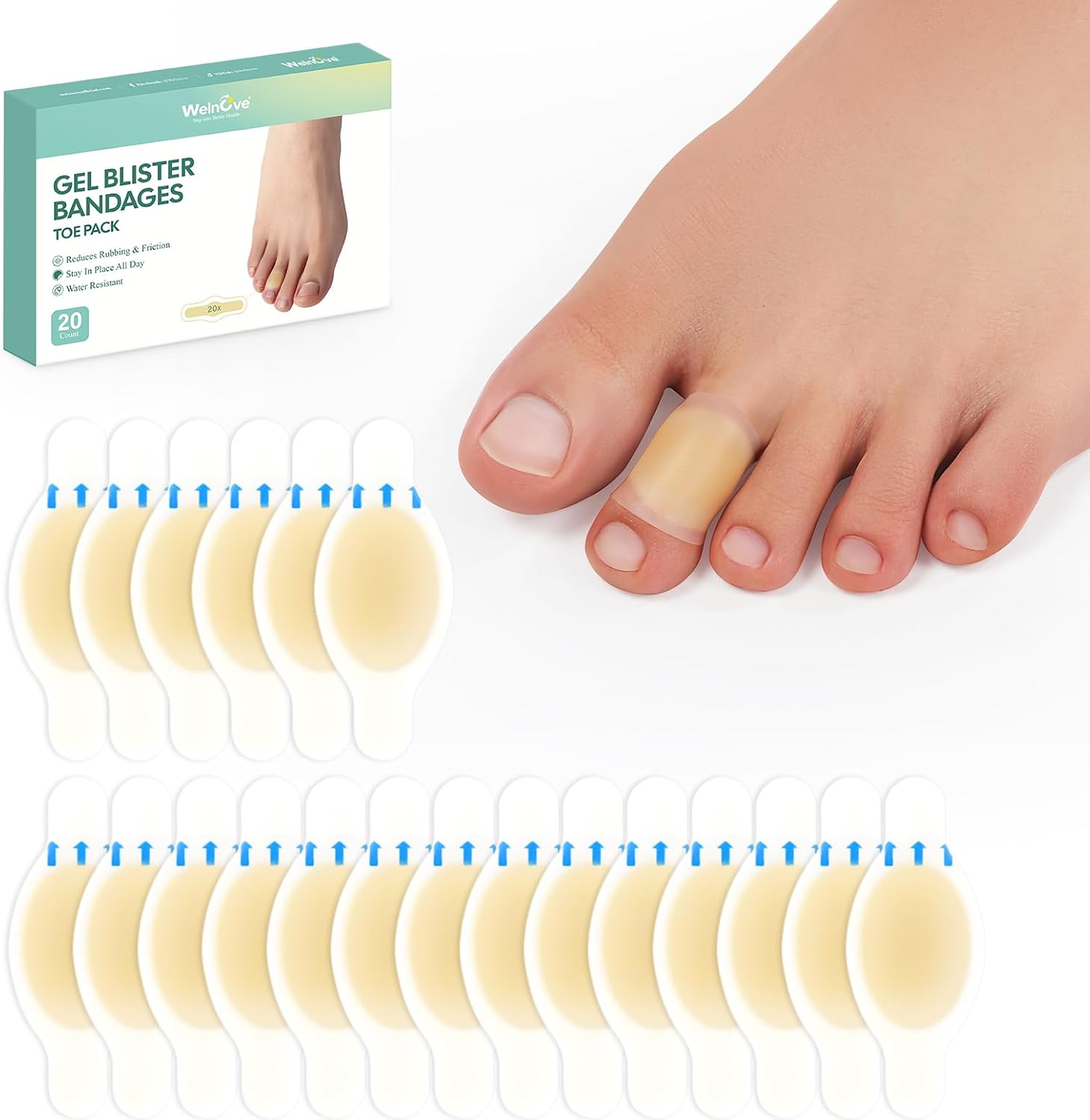 Detalle de Welnove 20 pièces – Pansements pour ampoules au gel hydrocolloïde, coussinets invisibles pour talons, orteils et pieds