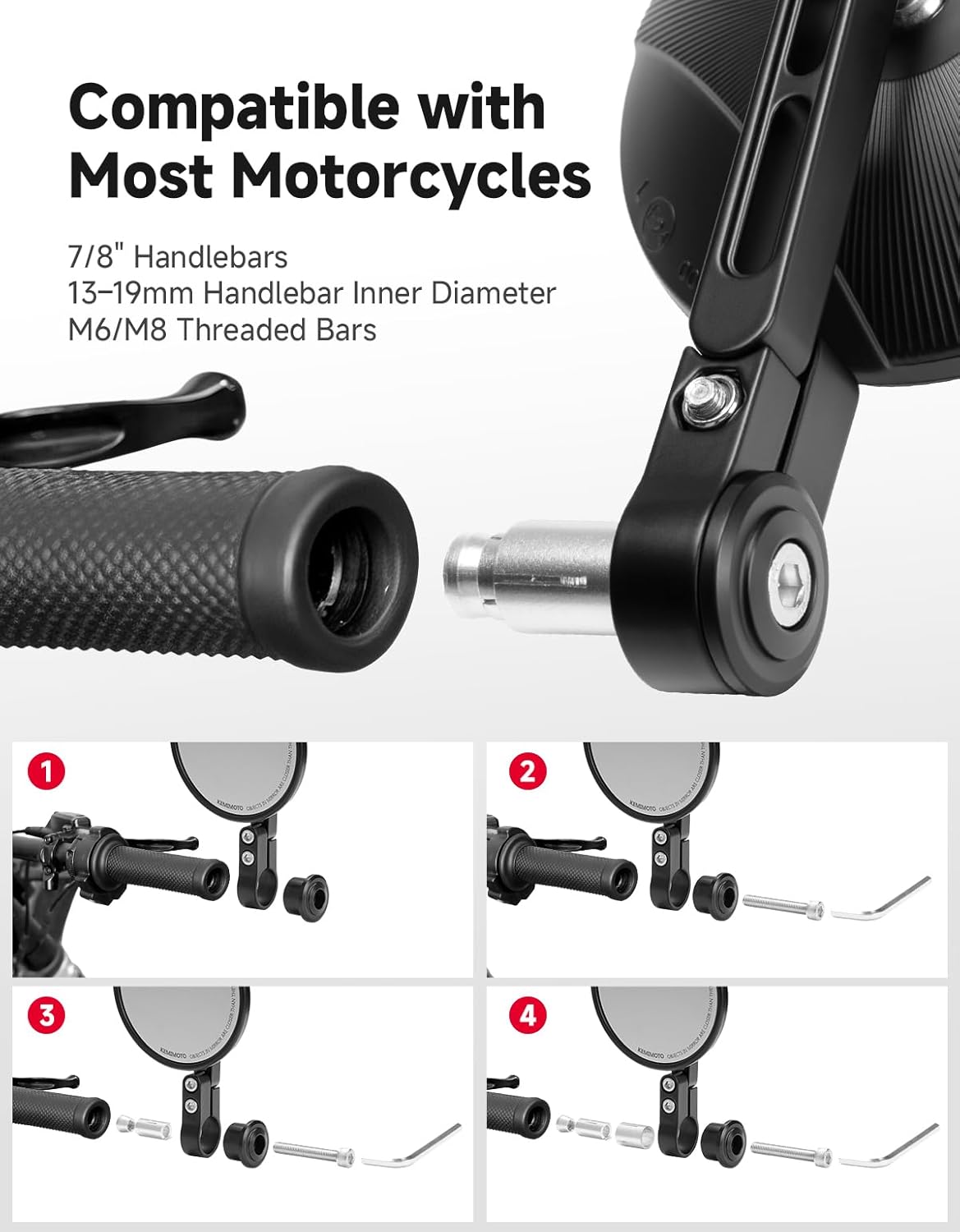 Detalle de Lot de 2 rétroviseurs moto KEMIMOTO CNC homologués E24, pivotants 360° pour guidon 22 mm