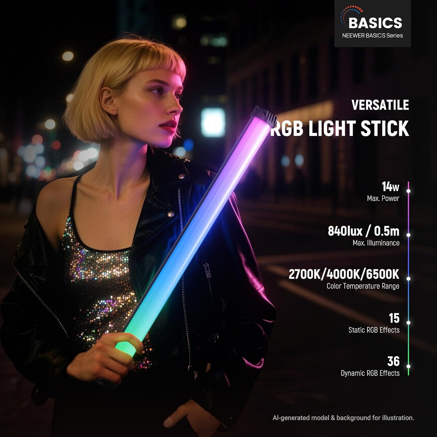 Detalle 2 de NEEWER BASICS SL50 21" Magnetic RGB Light Wand — CRI95, 14W, 4000mAh
