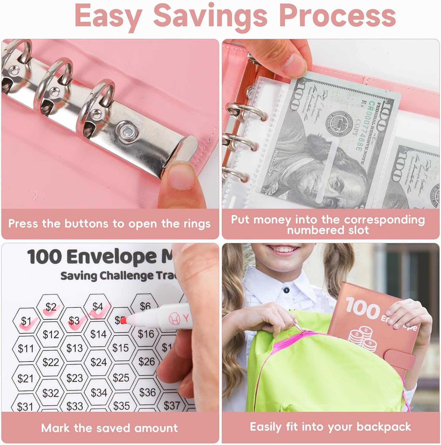 Detalle 1 de DuyaJoinX 100 Day Money Savings Challenge Binder, Rose Gold A5 with Cash Envelopes