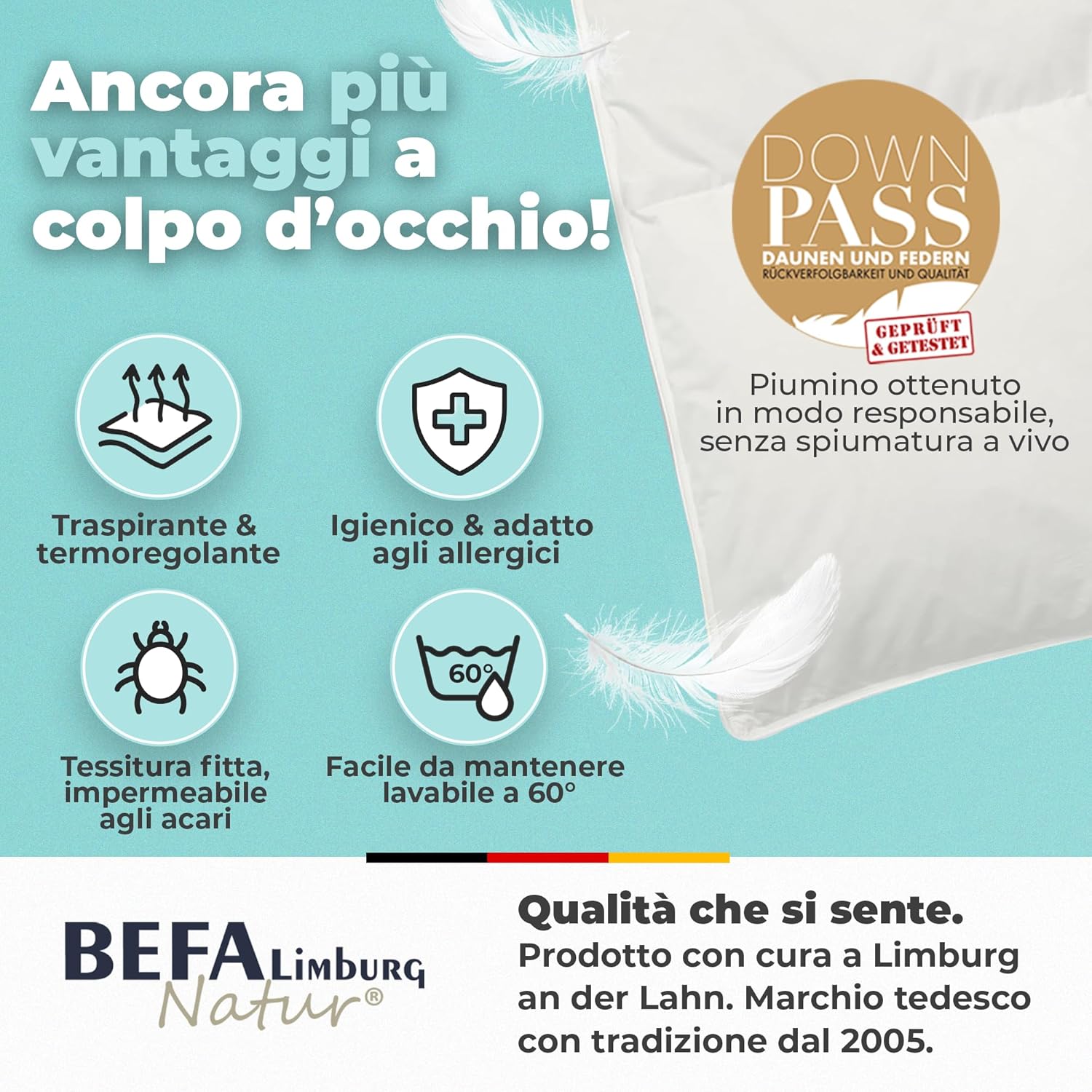 Thumbnail 2 de BEFA NATUR piumino 135x200 cm – calda coperta 4x6 cassette, 90% piumino 10% piume, Made in Germany
