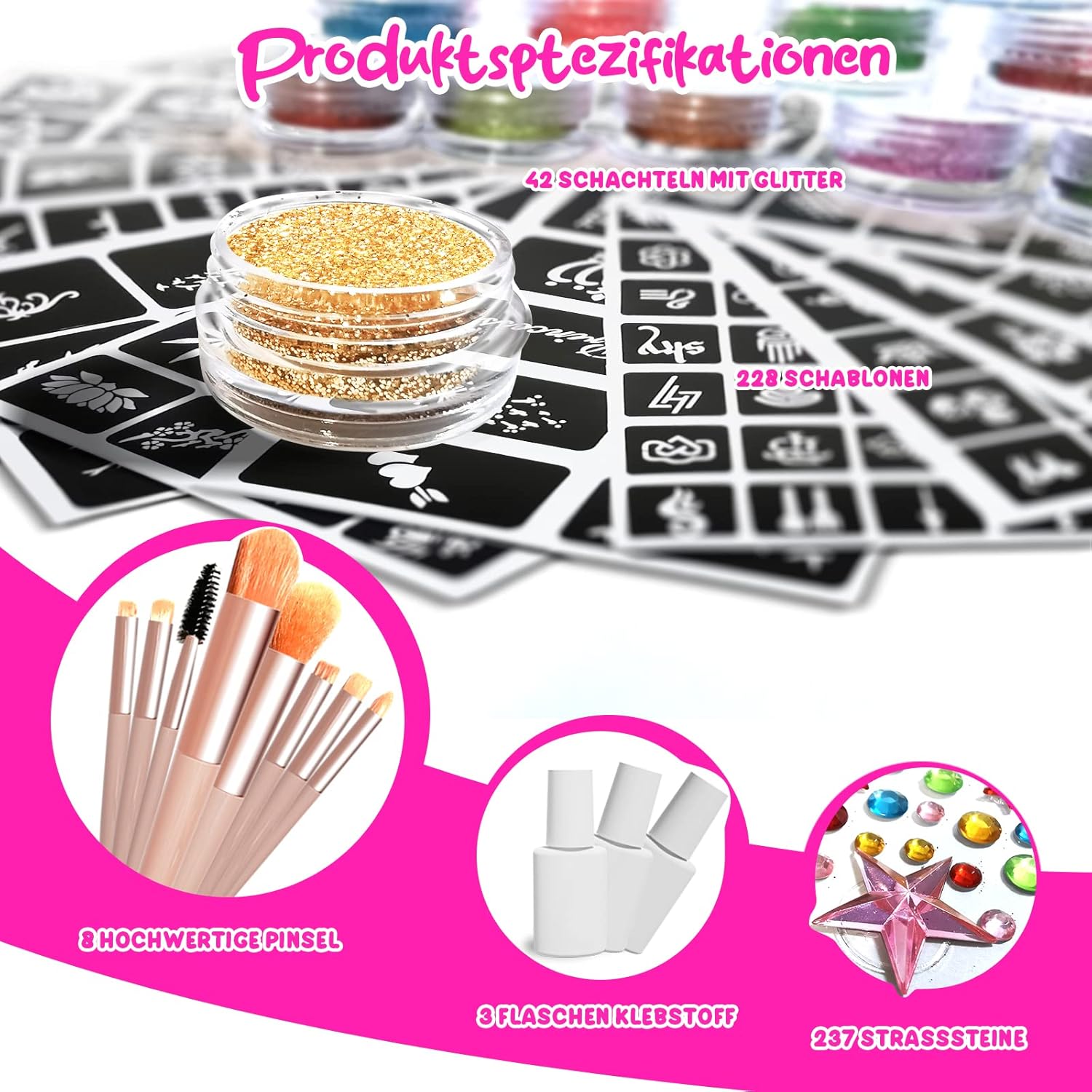Thumbnail 1 de jingyuanli Glitzer Tattoo Set Kinder mit 42 Farben, 228 Schablonen und Strasssteinen (ab 3 Jahren)