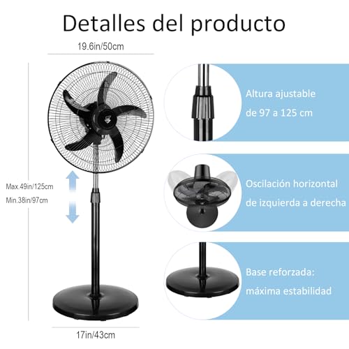 Detalle 2 de Lirixia Ventilador de Pie Potente 75W, 18" con Altura Regulable y Oscilación 120°