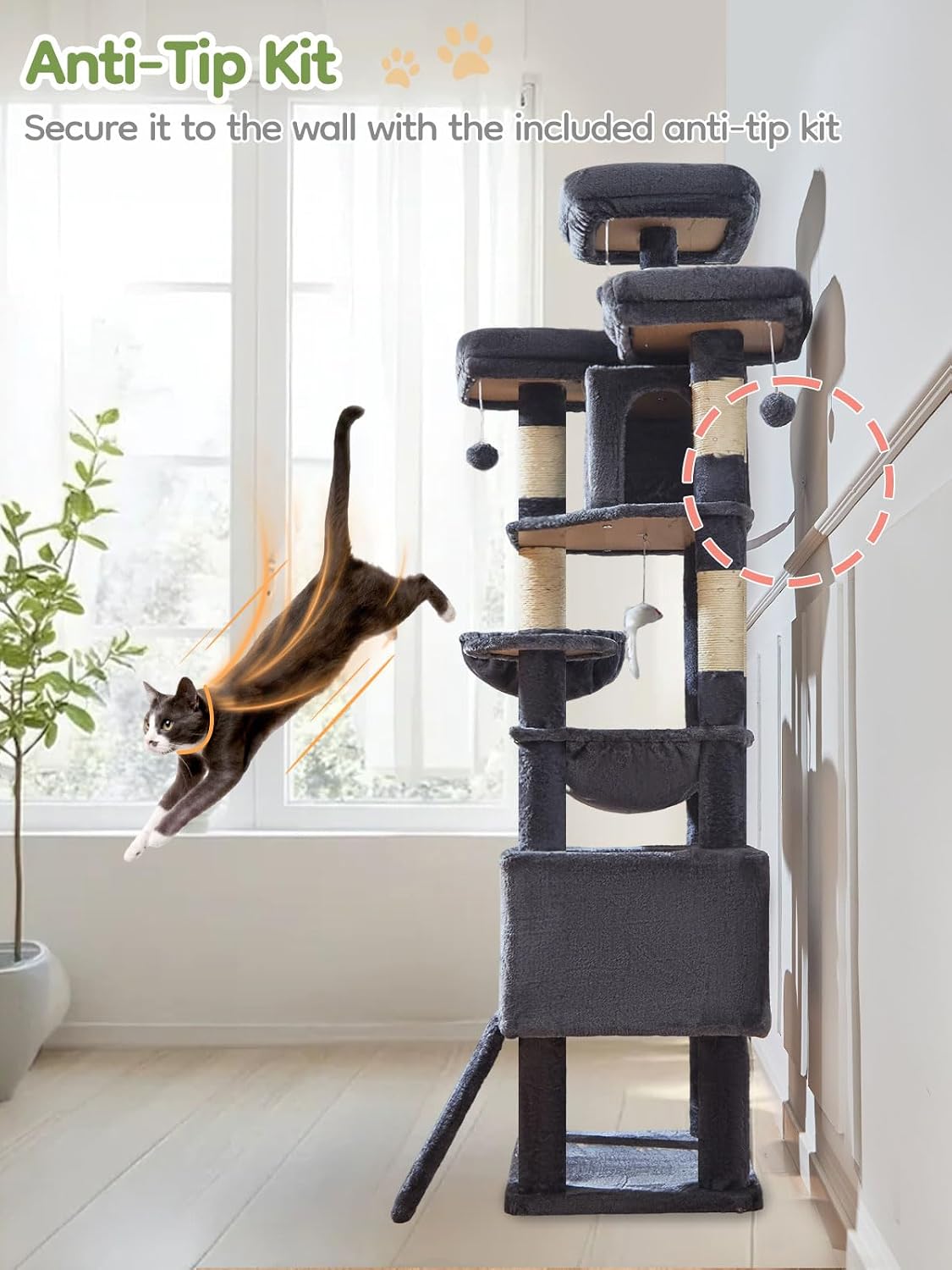 Thumbnail 6 de Taoqimiao MS047G Cat Tree (193 cm) with 7 Sisal Scratching Posts, Multi-level Condos and Metal Hammock