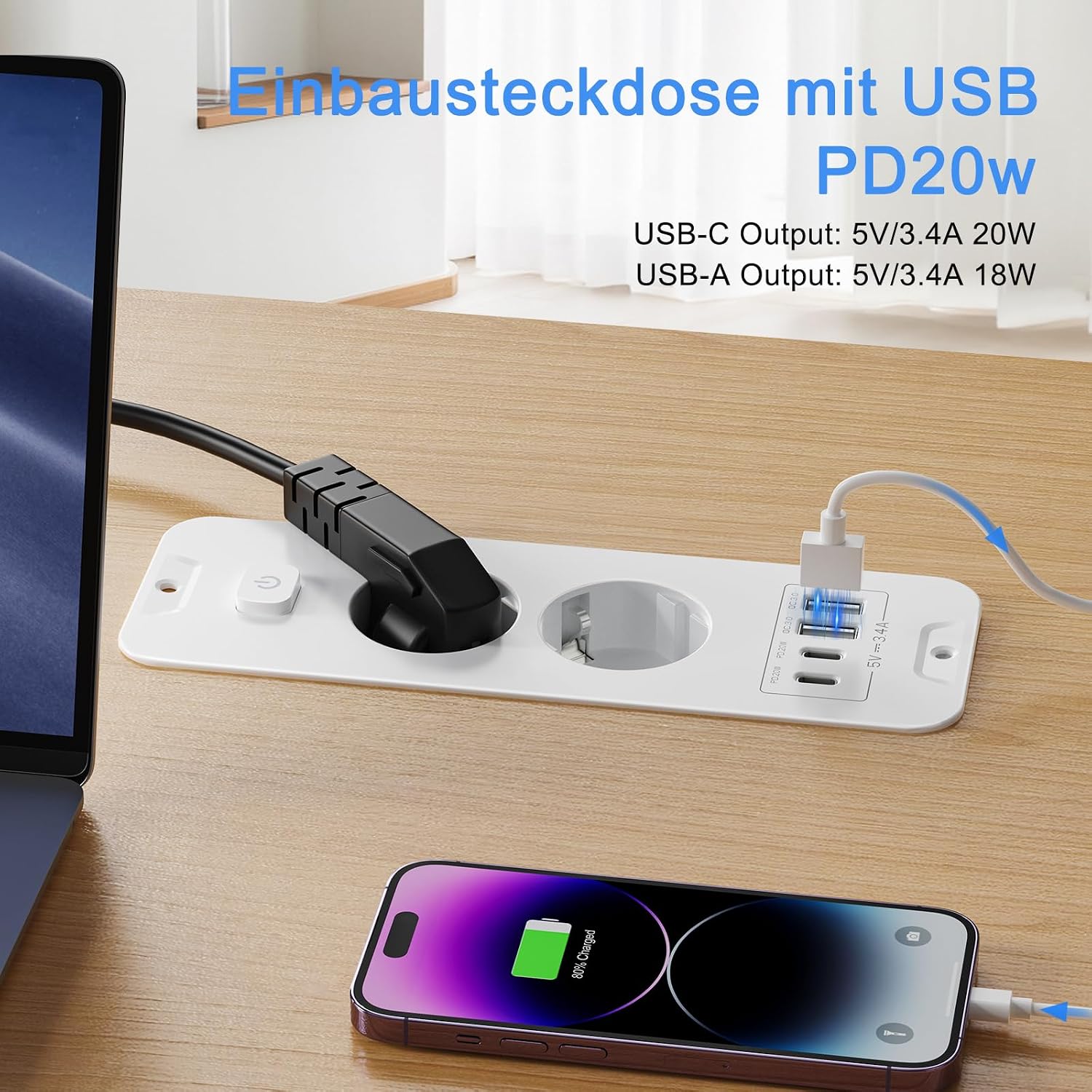 Detalle 2 de Versenkbare 2-Fach Steckdosenleiste mit USB: Einbausteckdose für Tischplatten mit 2 USB-C/2 USB-A inklusive 2 m Kabel