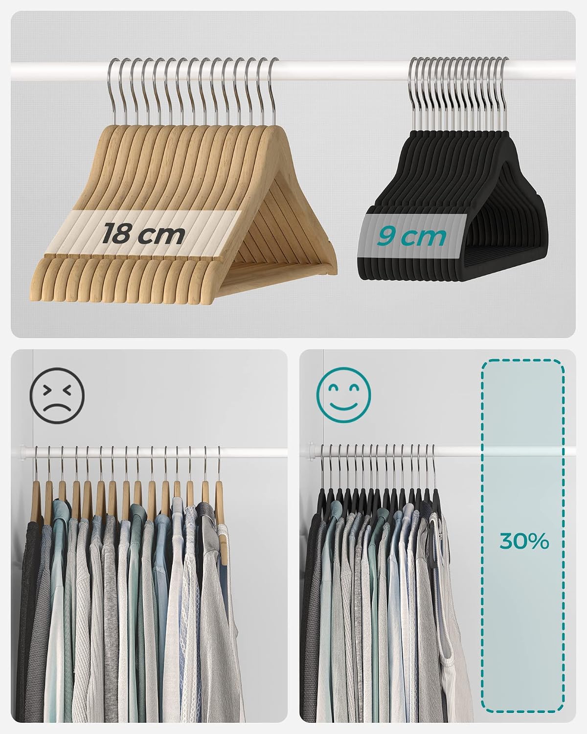 Detalle 1 de SONGMICS Kleiderbügel Samt 30er Set – 41,5 cm, dünn, belastbar bis 5 kg, 360° Drehhaken