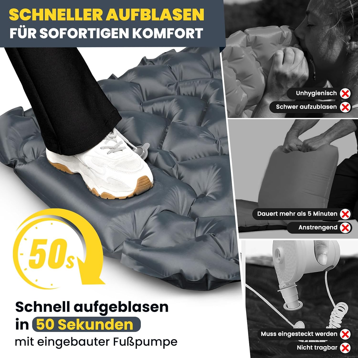 Detalle de HIKENTURE Isomatte Camping – 10 cm Höhe, kompakt aufgeblasen mit Fußpumpe, 198 × 70 cm