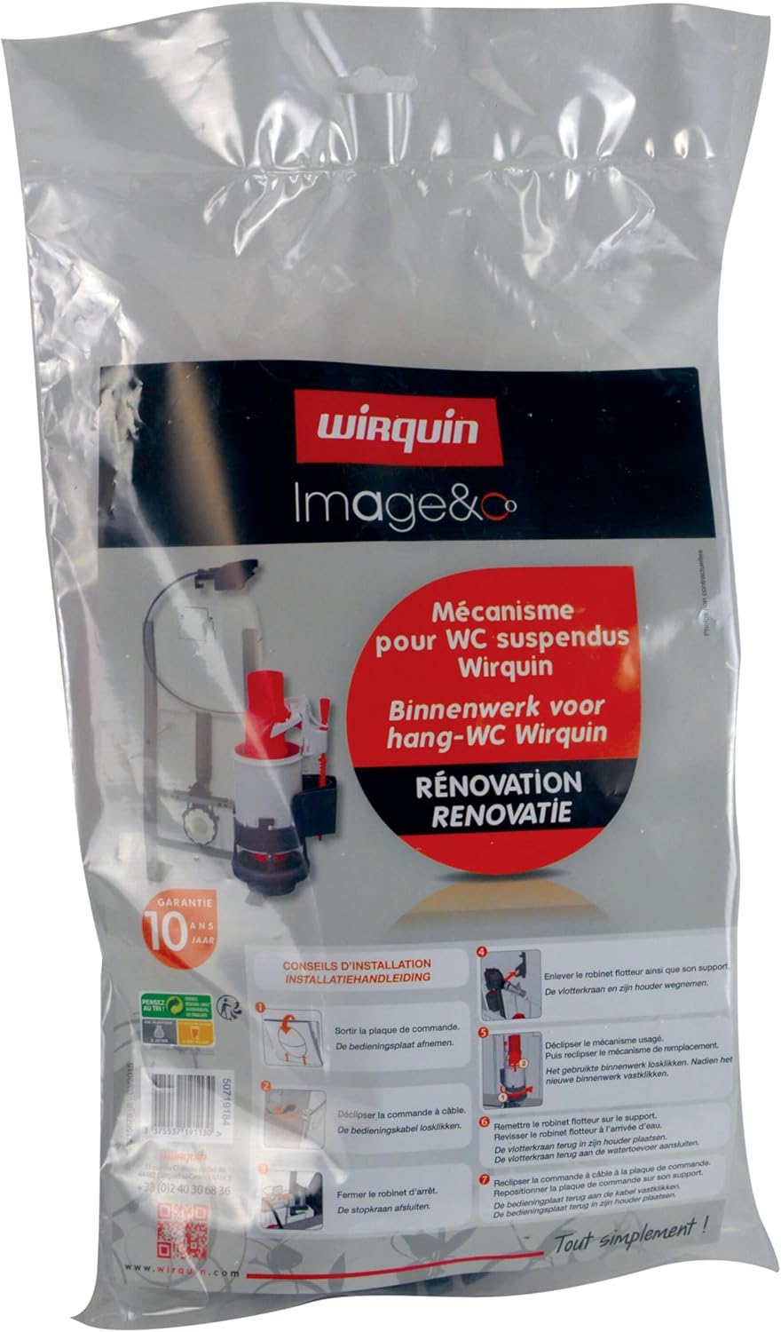 Thumbnail 1 de Mécanisme de chasse d’eau Wirquin 50719184 à câble pour WC suspendu (rouge et blanc)