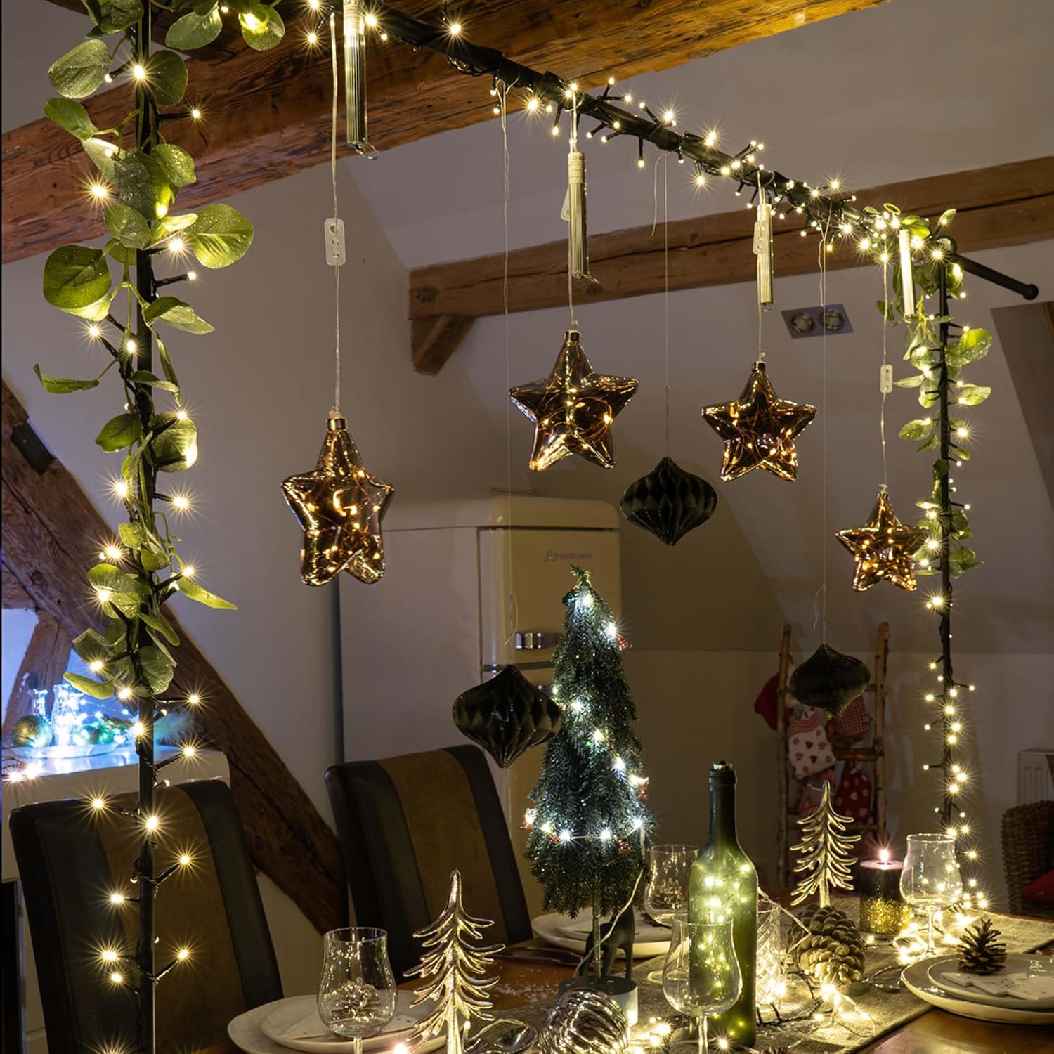 Detalle de Hellum luci fiabesche da esterno con 370 LED bianco caldo – 7,38 m, cavo nero, timer