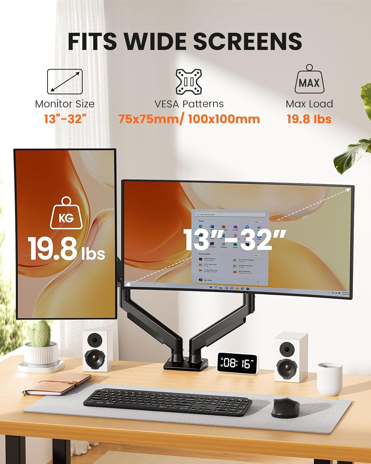 Detalle de ErGear Dual Monitor Arm: Full-Adjust, Tool-Free VESA Mount for 13–32" Screens