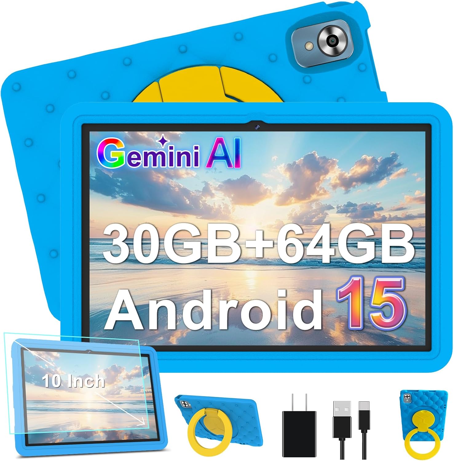 Detalle de DMOAO Kinder Tablet 10 Zoll mit Android 15, 30 GB RAM, 64 GB ROM, 2 TB Erweiterung, 5G WLAN, 6000 mAh – Blau
