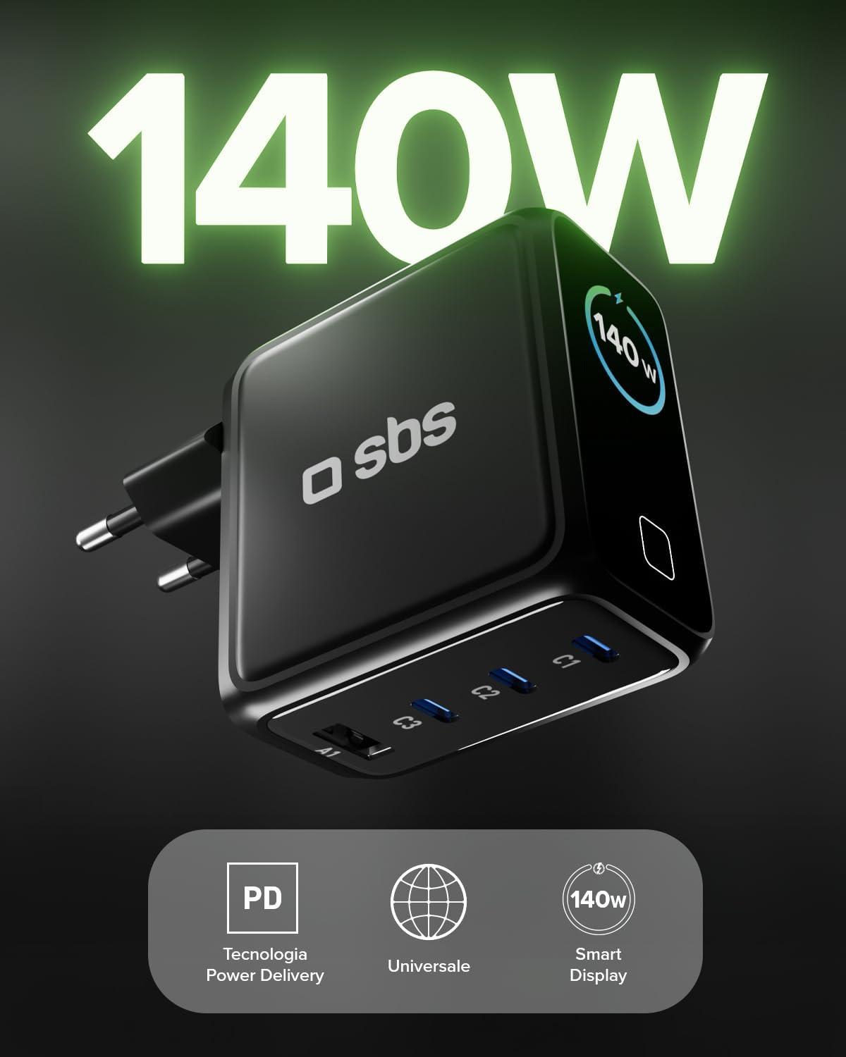 Detalle de SBS Pulse Power 140W USB-C: Caricatore GaN con 4 uscite e Display LCD per Notebook, Smartphone e Tablet