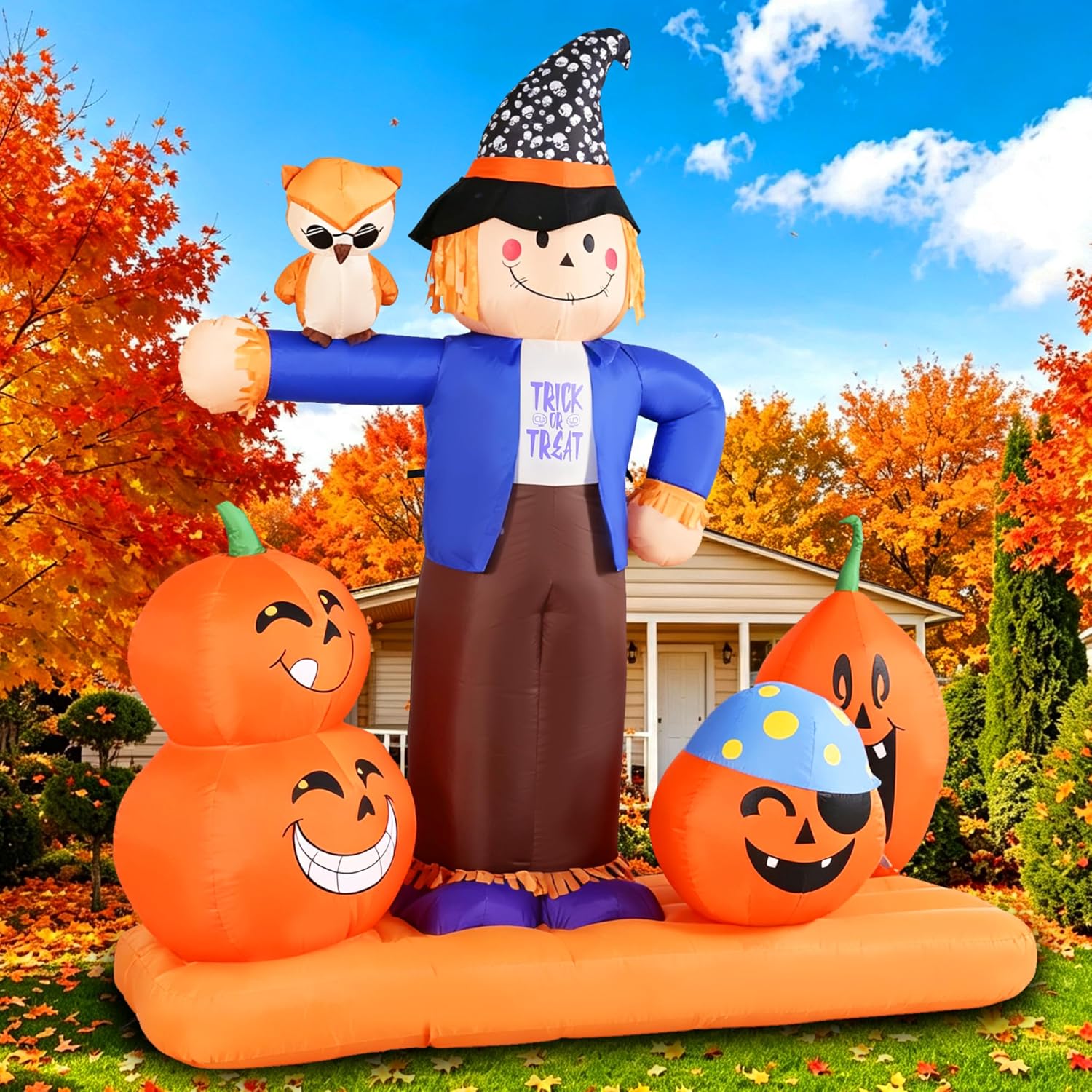 Detalle 2 de GIFTFIND Halloween Inflatable Scarecrow with Pumpkins, Owl, and LED Lights