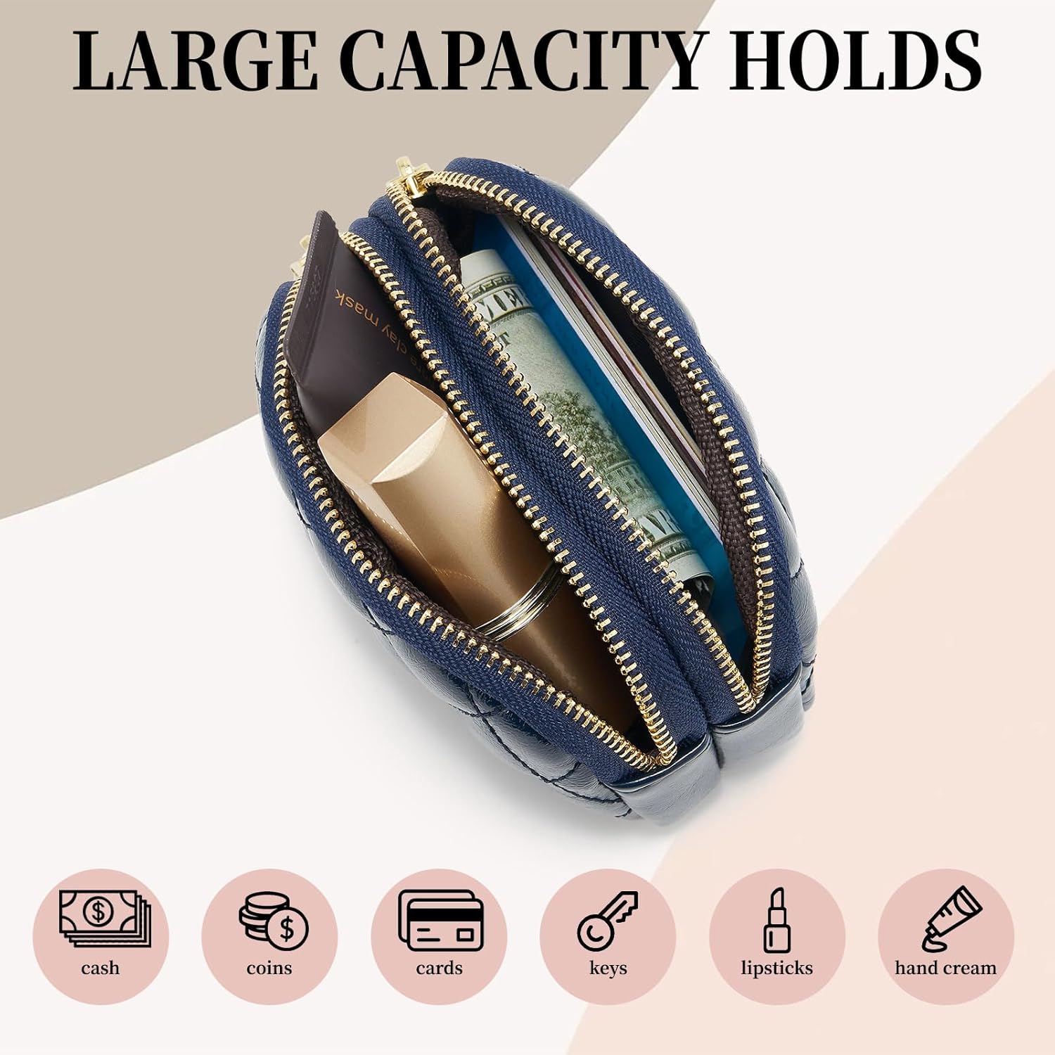 Thumbnail 3 de QIUTIMY Women’s Small Purse: Quilted Blue Artificial Leather Coin Wallet with Double Zips