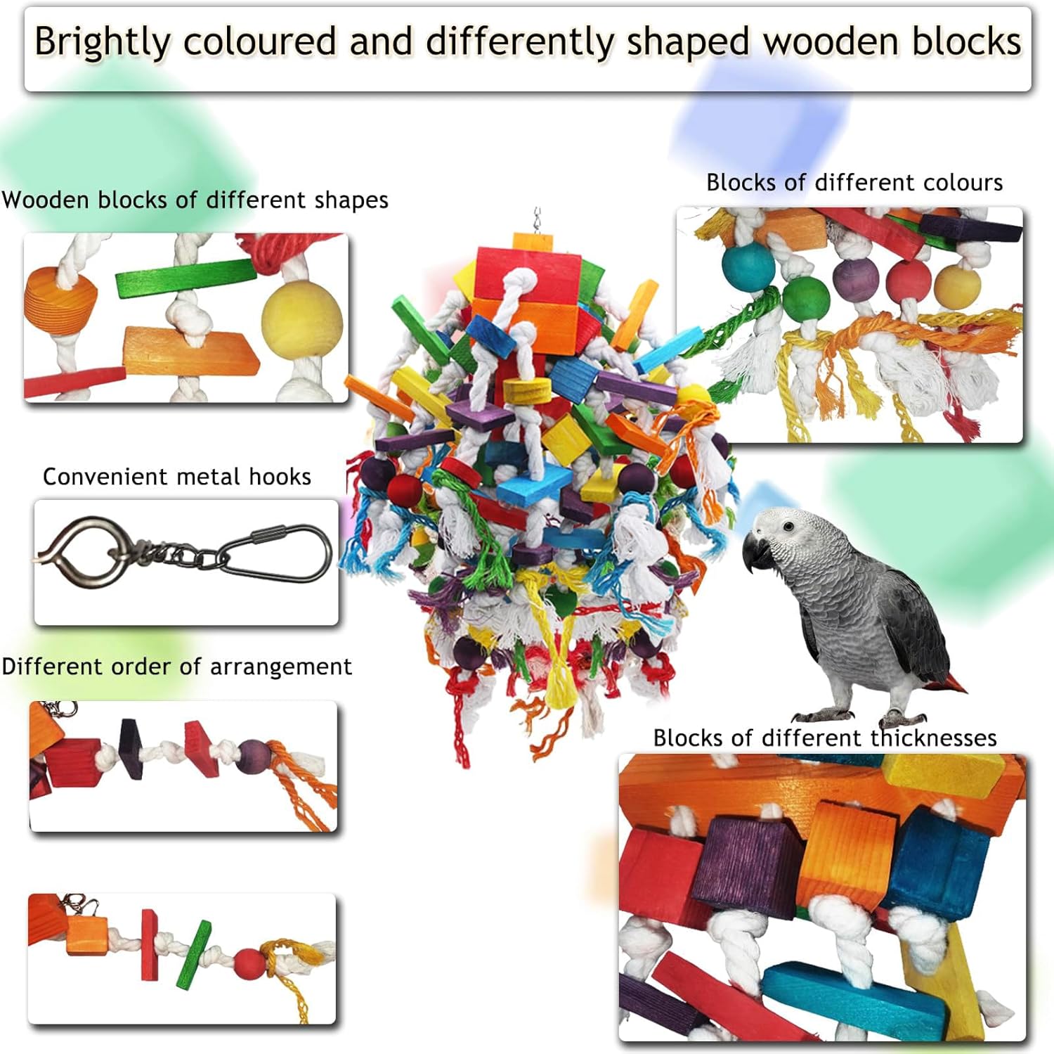 Detalle de MQUPIN Large Parrot Toys: Strong Chewing Wooden Blocks for Large & Medium Birds