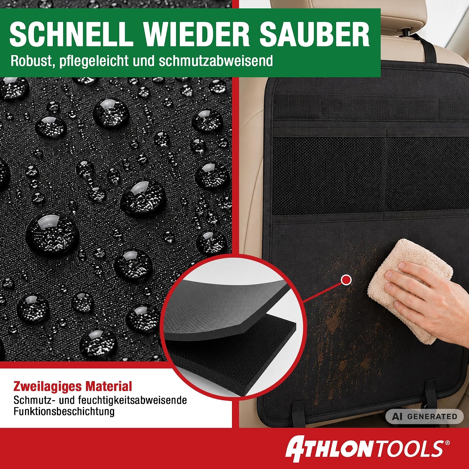 Detalle de ATHLON TOOLS Rückenlehnen-Schutzmatte – wasserabweisend, 70 × 44 cm, mit Netztaschen