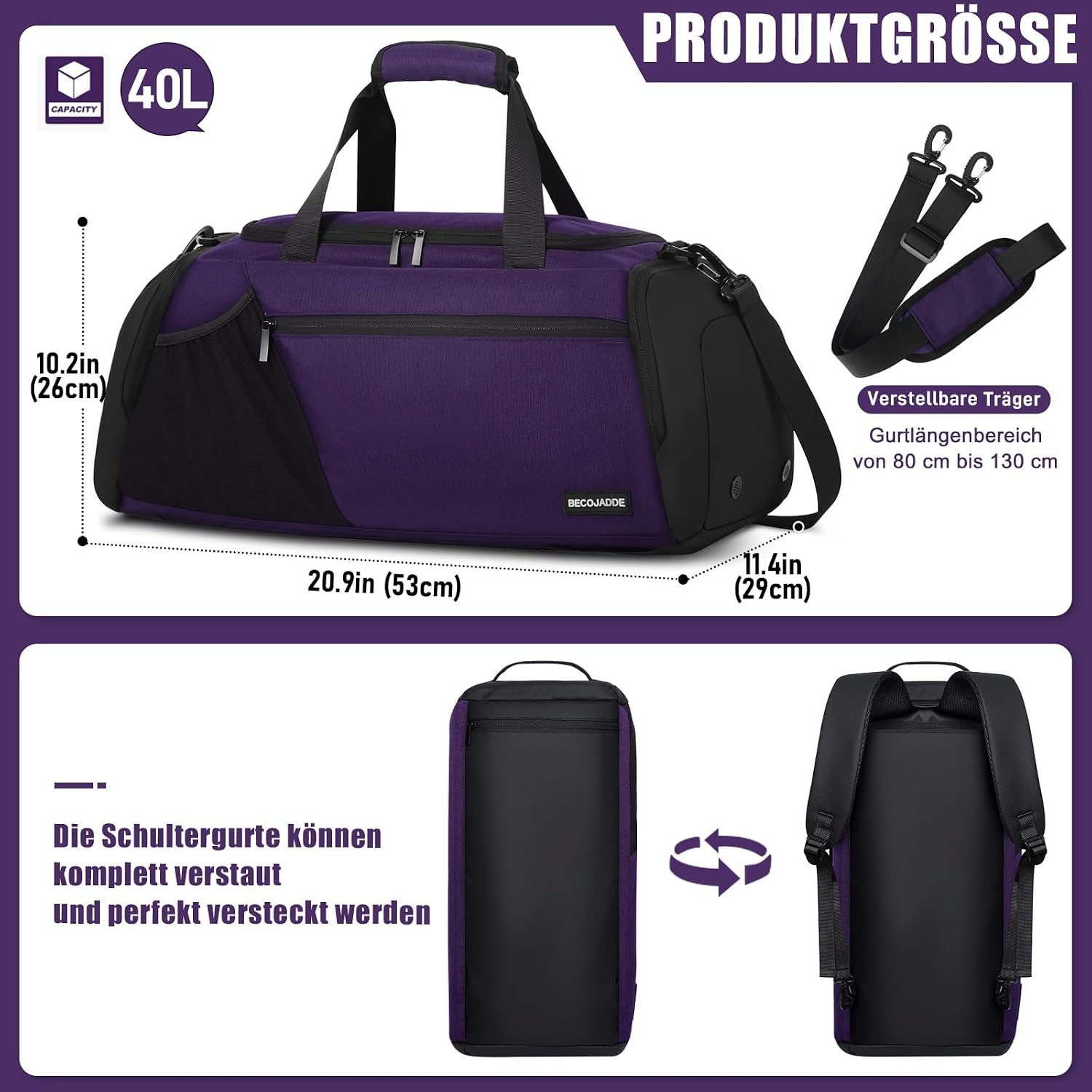 Detalle de BECOJADDE 40L Sporttasche Herren – Vielseitiger Gymnastikrucksack mit Schuhfach, Nassfach und Laptopfach