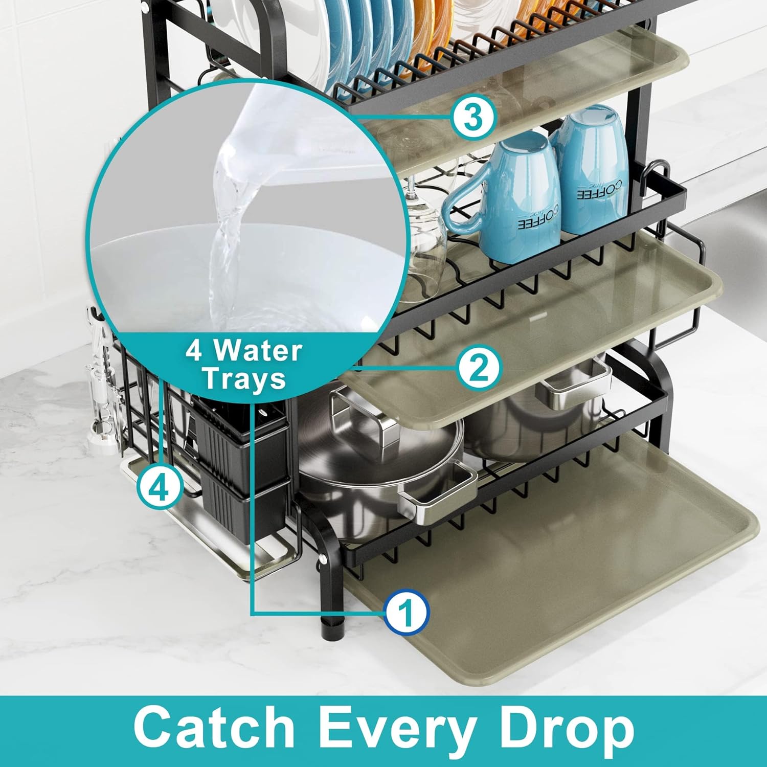 Thumbnail 4 de Niffgaff Égouttoir à Vaisselle Acier Inoxydable 3 étages Grand – Double plateau et support pour Couverts