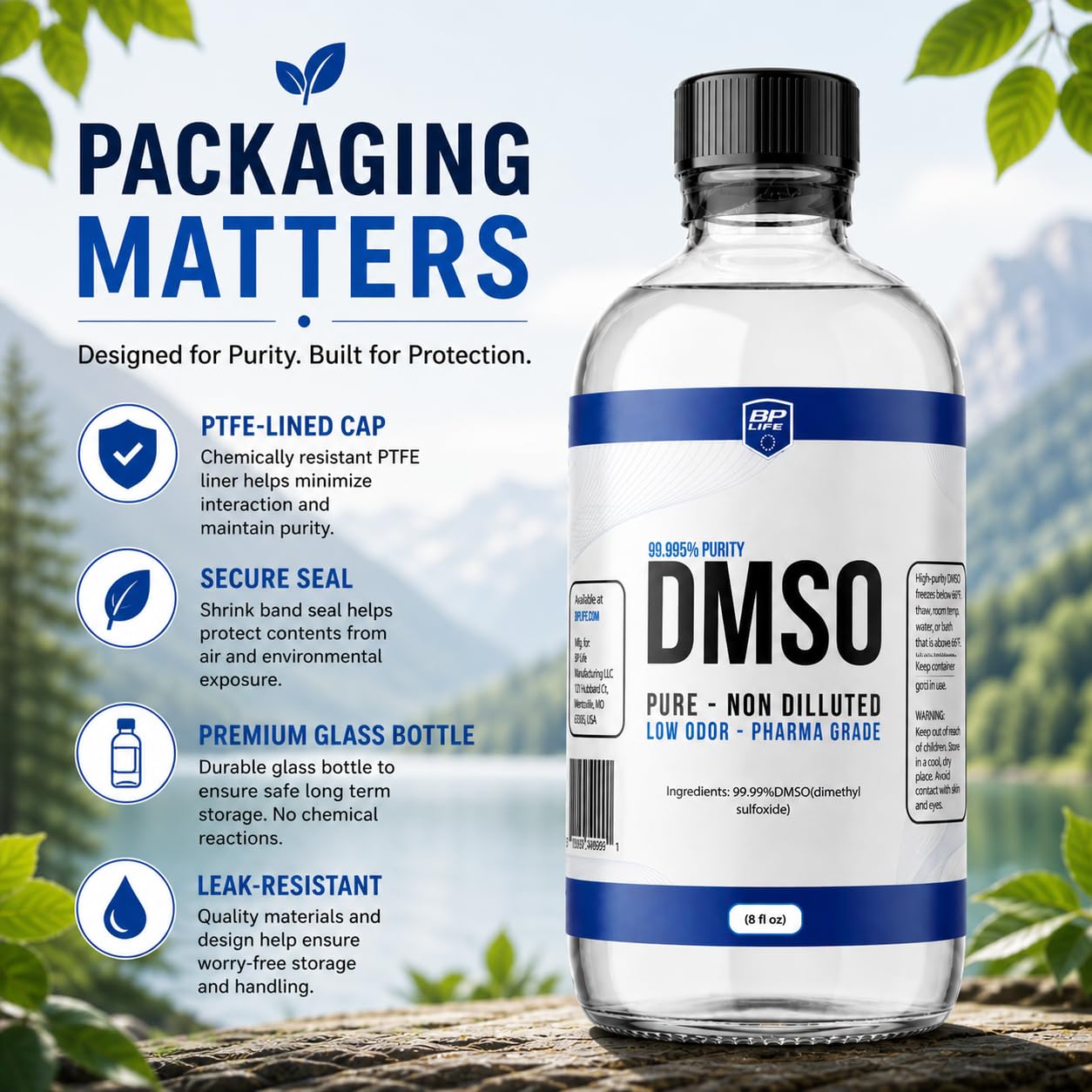 Detalle de BP Life DMSO ジメチルスルホキシド 液体99.9%・低臭気・8オンスガラスボトル