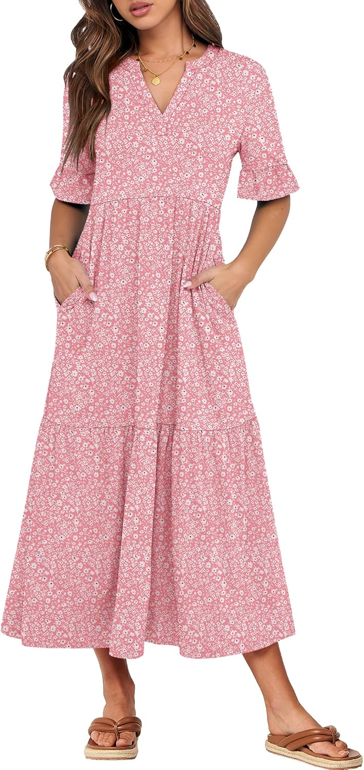 Thumbnail 6 de ANRABESS Women's Summer Maxi Dress: Casual Ruffle Short Sleeve V-Neck Boho Flow with Pockets