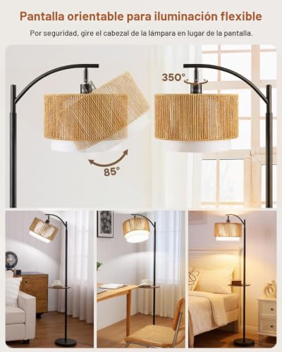 Detalle de Wio-Mio Lámpara de Pie de Ratán con Mesa: boho moderno con luz regulable y superficie auxiliar