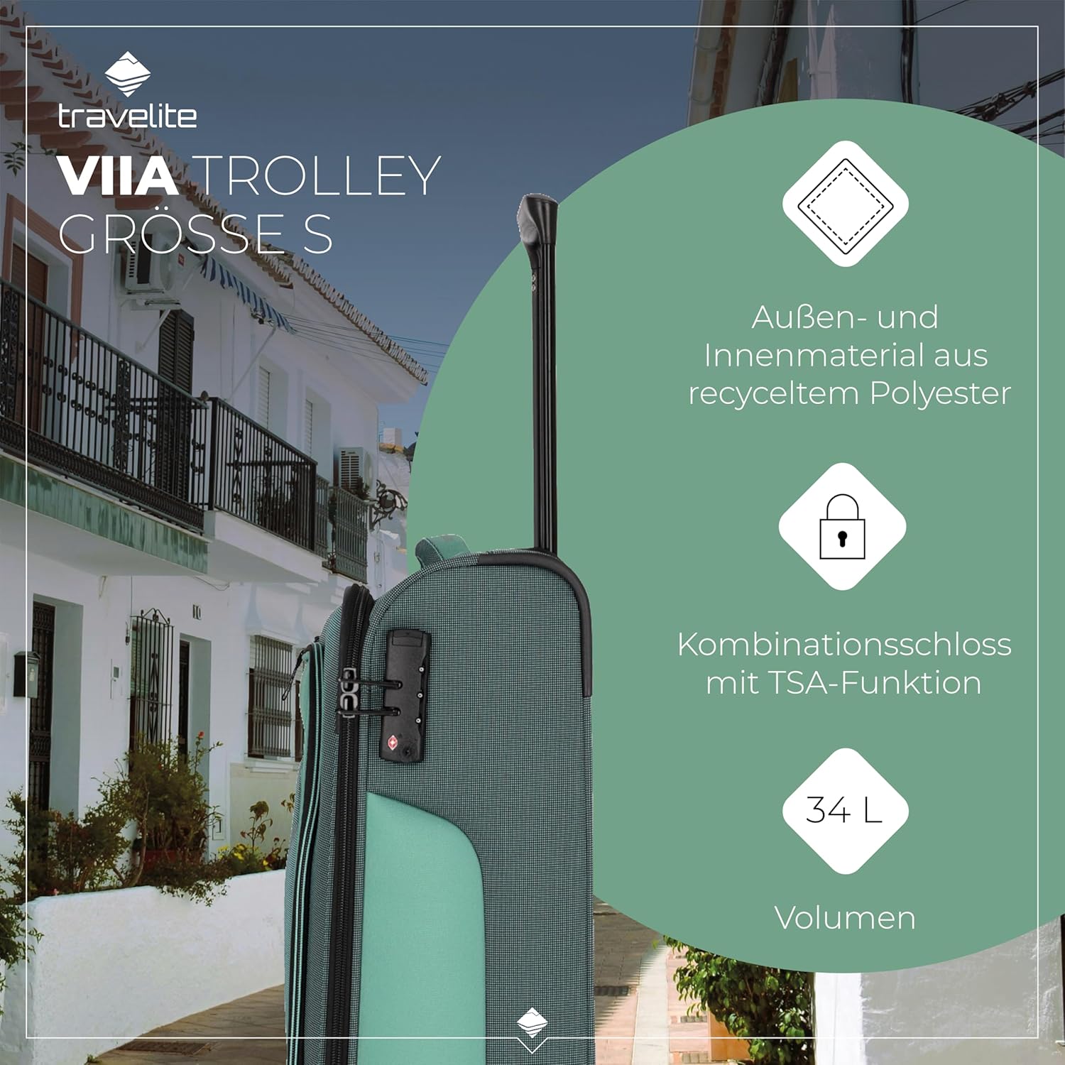 Detalle de Travelite VIIA 55 cm Weichschale Handgepäck-Koffer 34 L – recyceltes Polyester, IATA-Norm
