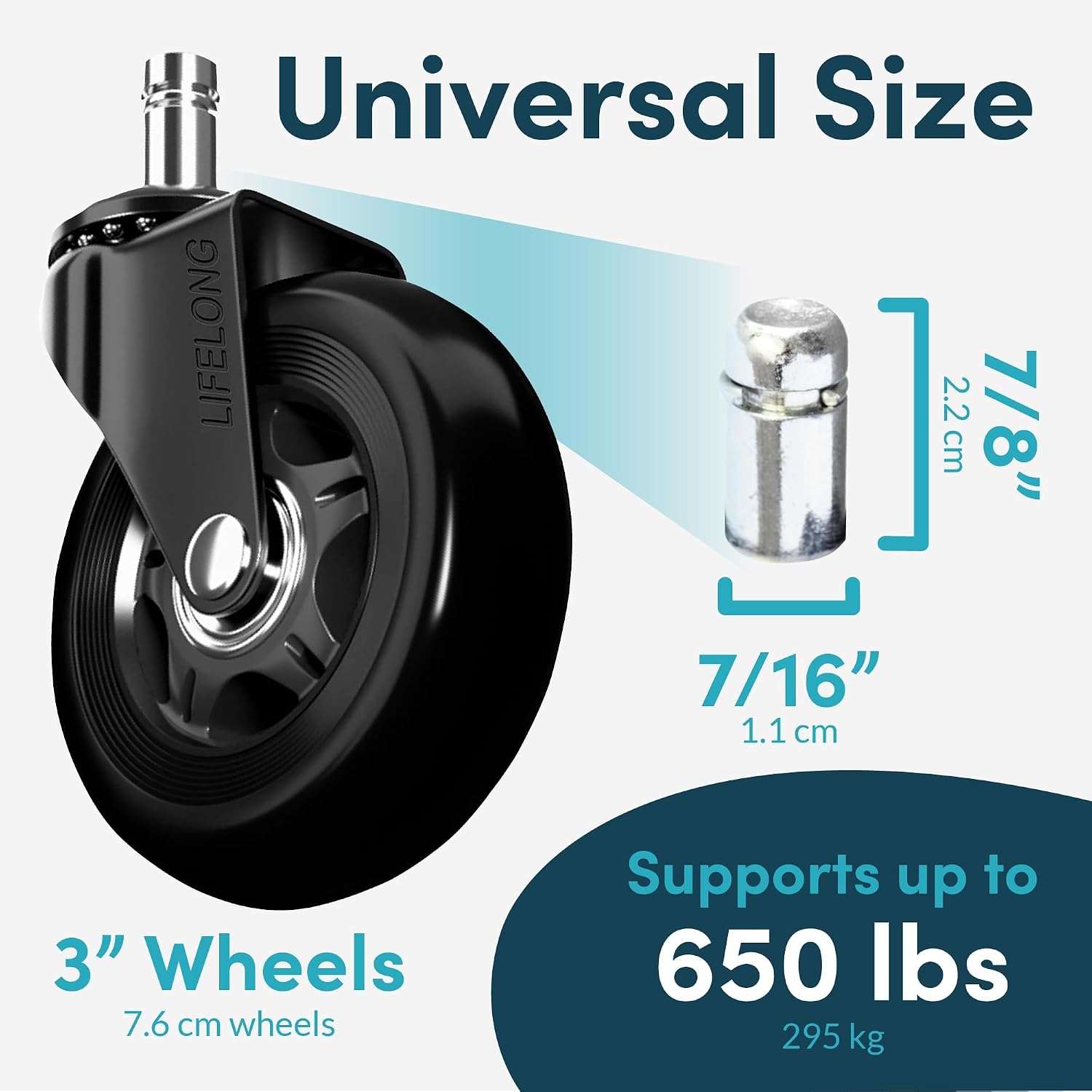 Detalle de LIFELONG 1122BB Office Chair Casters, 3-Inch Black Swivel Wheels, Set of 5