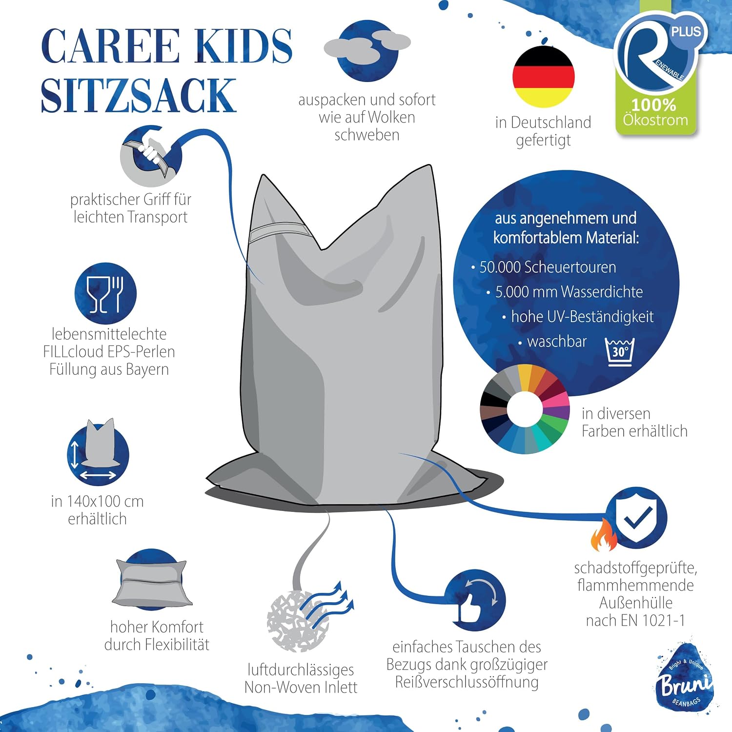Detalle de Bruni Caree Kids Children's Bean Bag, Blue, 140 x 100 cm with Inner Cover
