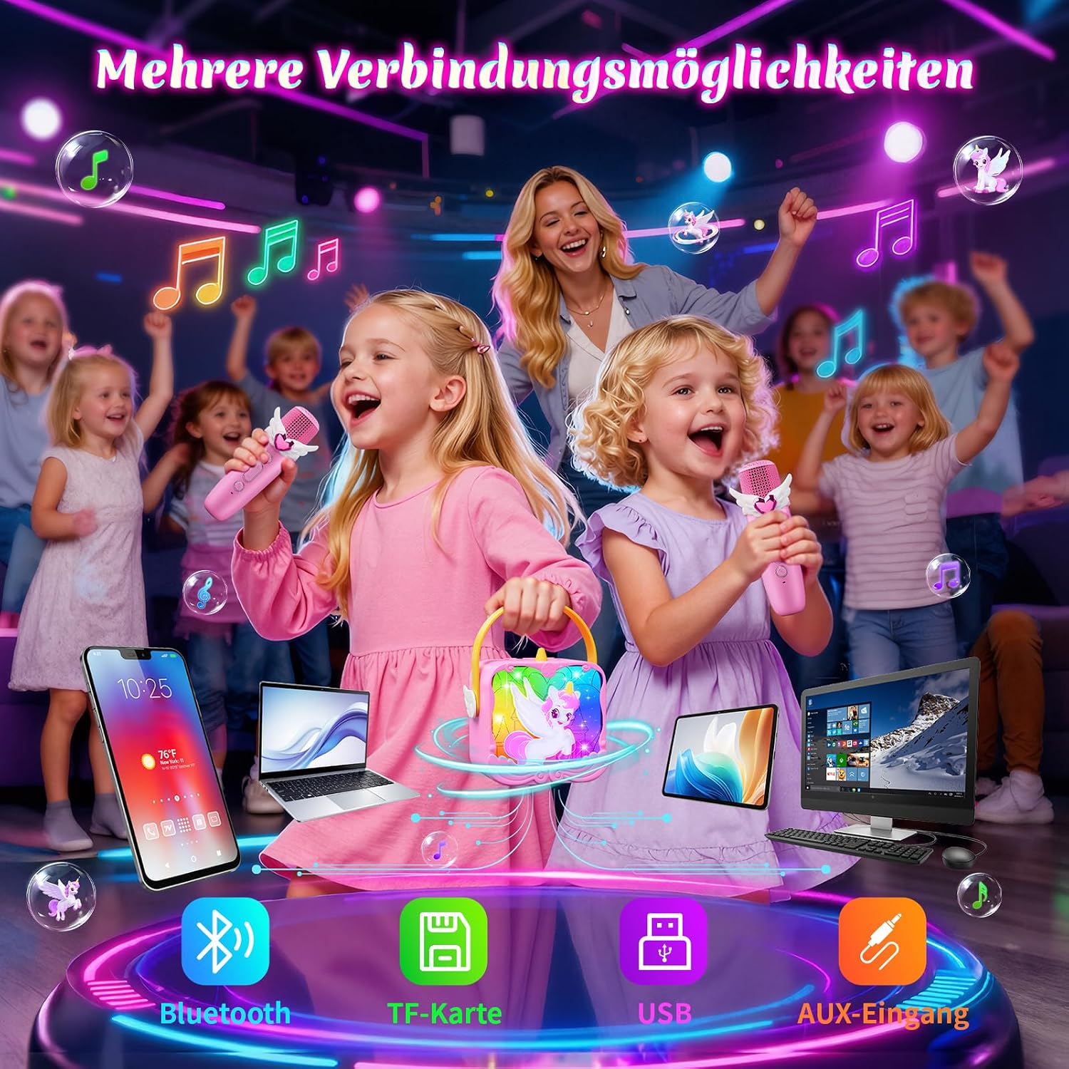 Detalle 2 de Neueste Einhorn Karaoke Maschine 2 Mikrofon – Tragbares Musikspielzeug für Mädchen 3–12 Jahre mit LED-Lichtern