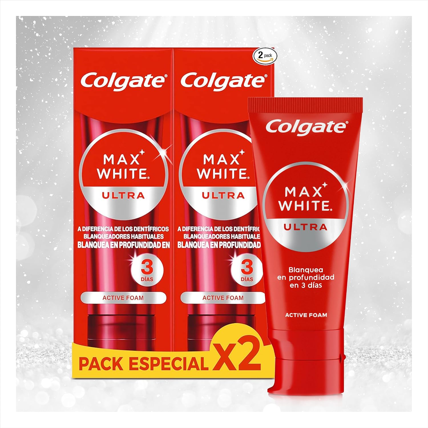 Detalle de Colgate Max White Ultra Active Foam Zahnpasta 2x75 ml – Weißere Zähne in 3 Tagen (Kollektion)