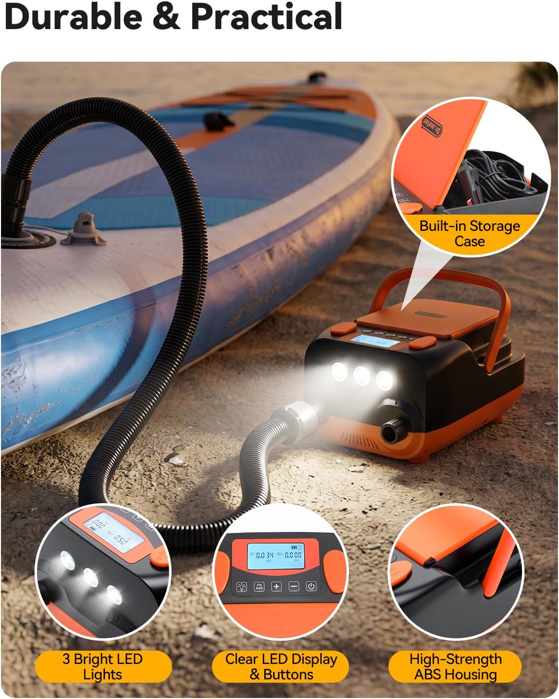 Detalle 2 de Dr.meter 6000mAh Wiederaufladbare SUP Pumpe – Vielseitige elektrische Pumpe mit Auto-Off und 4 Ladefähigkeiten