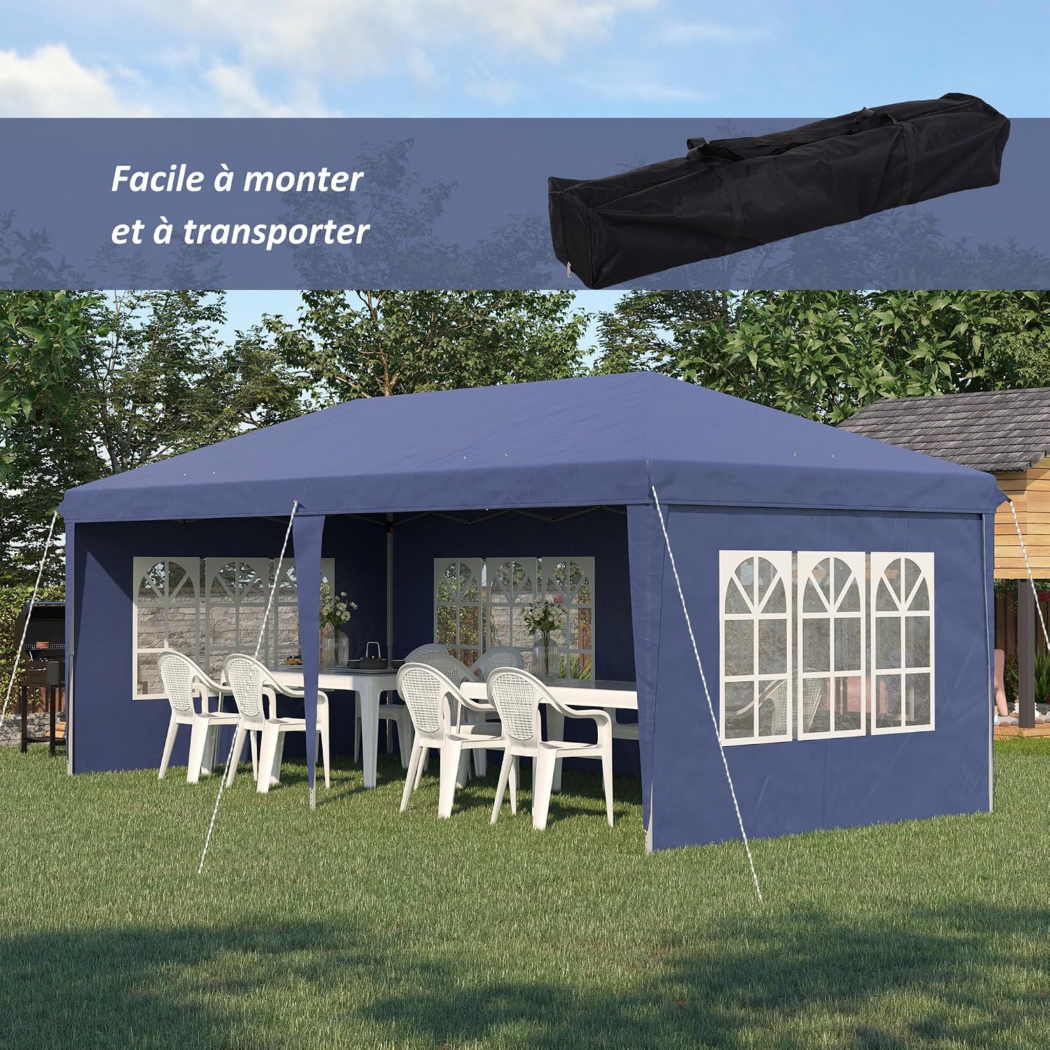 Detalle de Outsunny Tonnelle de Jardin extérieure Pop-up Pliante 3x6 m – Barnum 3 côtés démontables, blanc