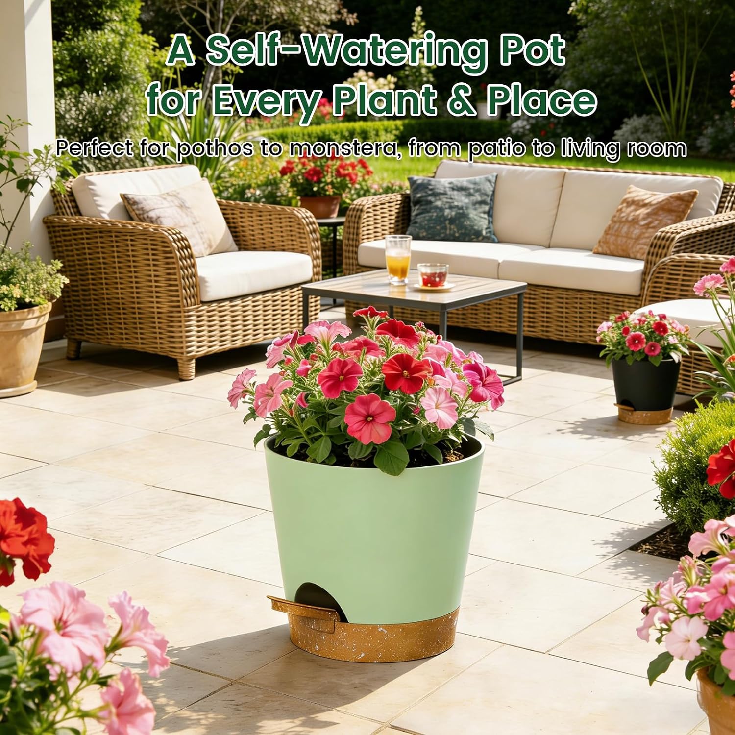 Detalle de WSMKSZ 25cm Large Self Watering Plant Pots (3 Pack) – Thick Plastic, Drainage Holes & Deep Reservoirs with Cotton Wicks