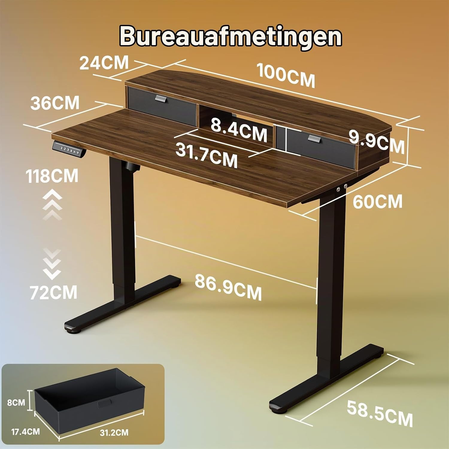 Detalle 2 de HUANUO HNESD247W-100B-EU elektrisch verstelbaar bureau 100 x 60 cm met laden