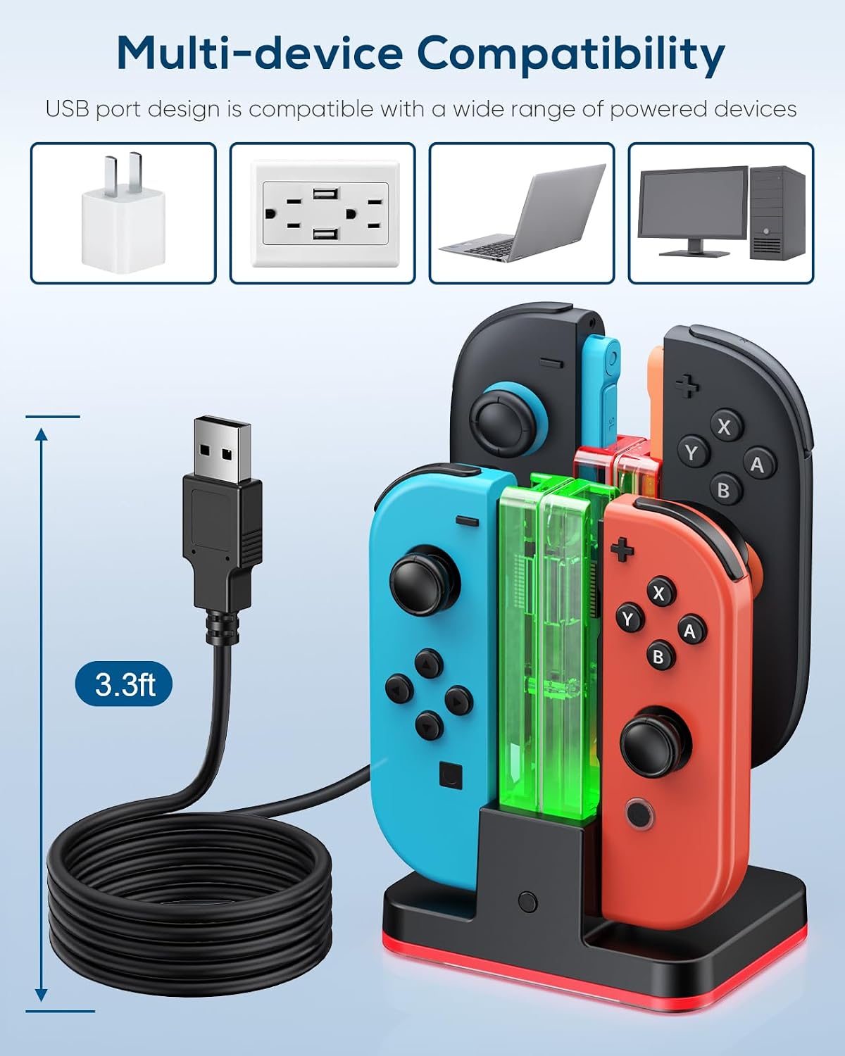 Detalle de FYOUNG NTT44 Switch 2/1 Controller Charging Dock, 8-in-1 with LED Indicators