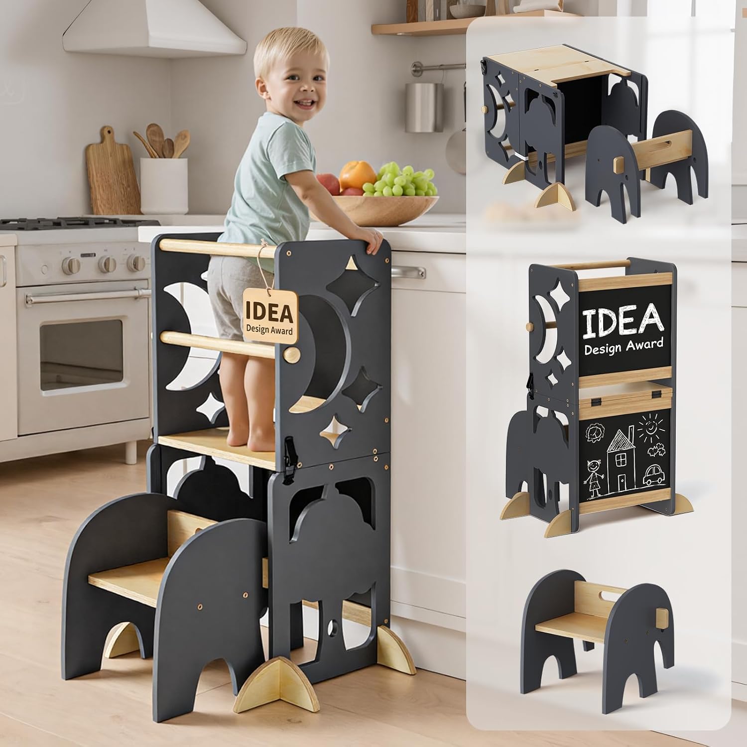 Detalle de COSYLAND CS000197-3-CA 4-in-1 Toddler Kitchen Step Stool, Foldable Wooden Tower