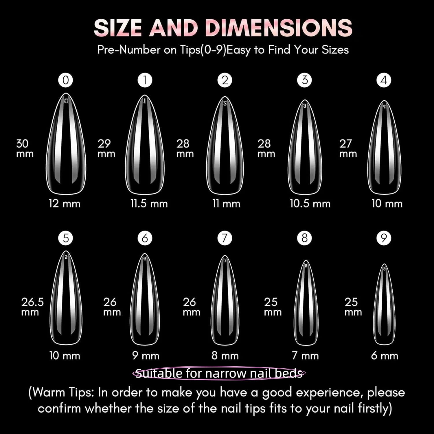 Detalle 2 de Makartt Nail Tips für Gelnägel – 500 Stück Long Stiletto, Full Cover, 10 Größen, Transparent & Bruchsicher