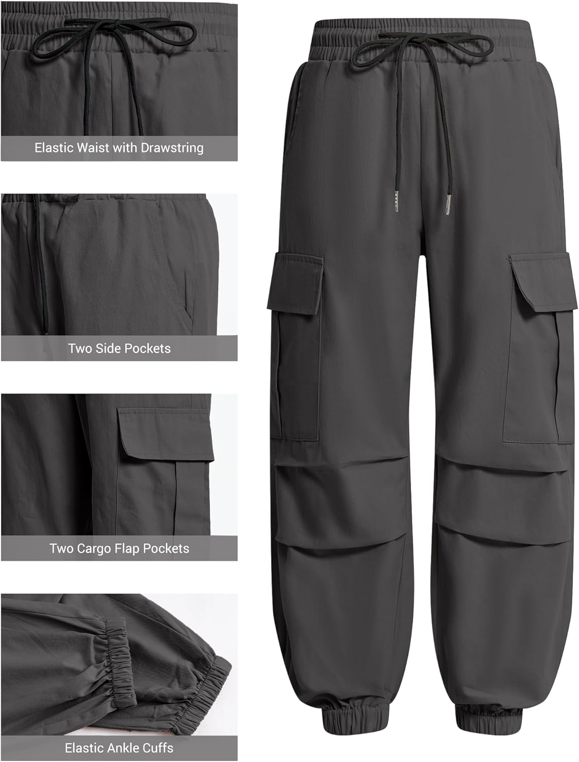 Thumbnail 6 de JiAmy Girls Cargo Trousers: Elastic Waist, Baggy Parachute Style for 5–14 Years