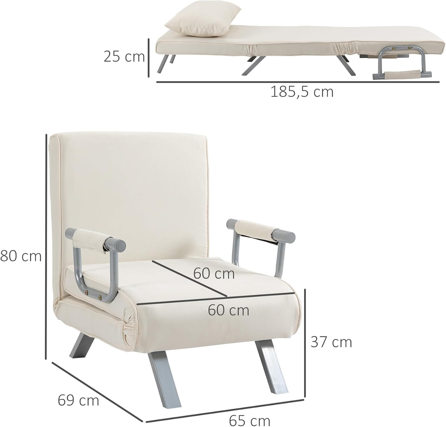Thumbnail 2 de HOMCOM Fauteuil chauffeuse canapé-lit 1 place – Grand Confort, coussin et accoudoirs métal, revêtement suède blanc