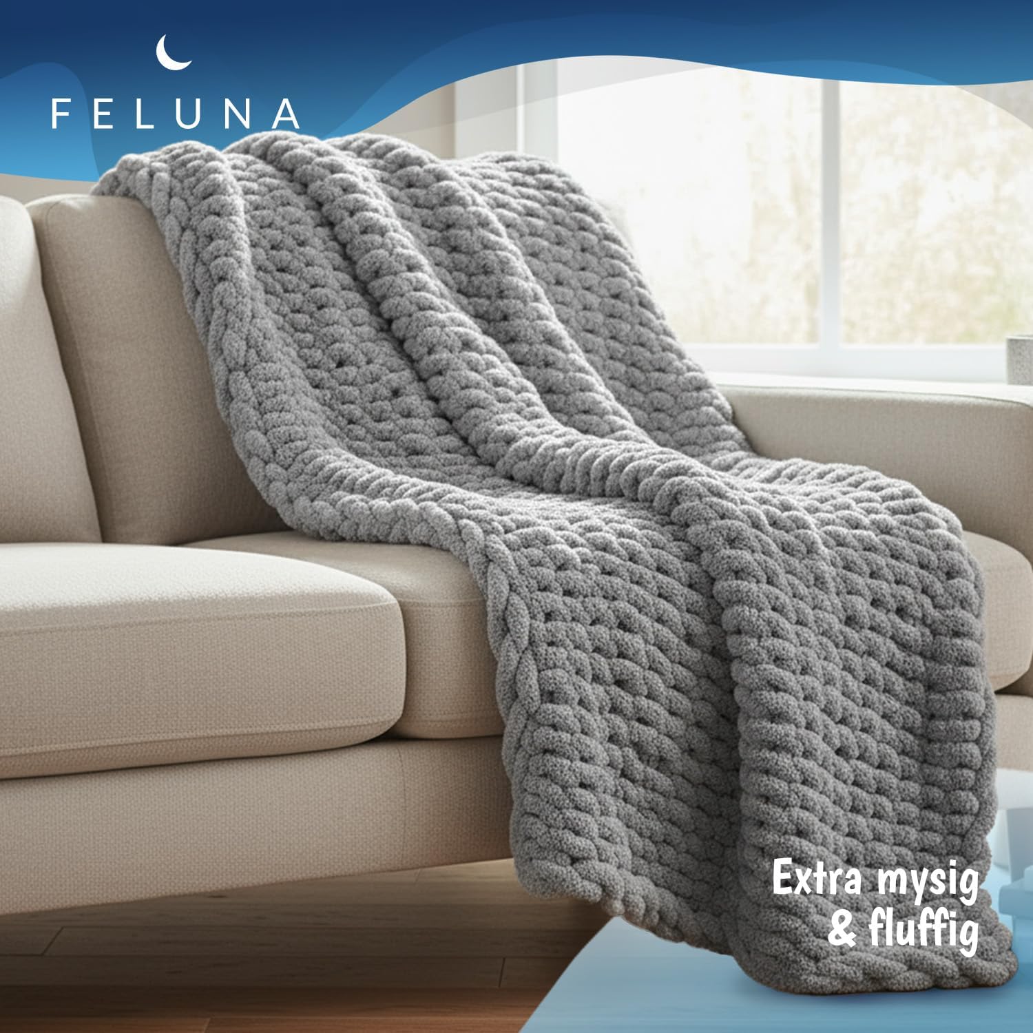 Detalle 2 de Feluna 47136520489 grovstickad filt i ljusgrå chenille, 100 % polyester