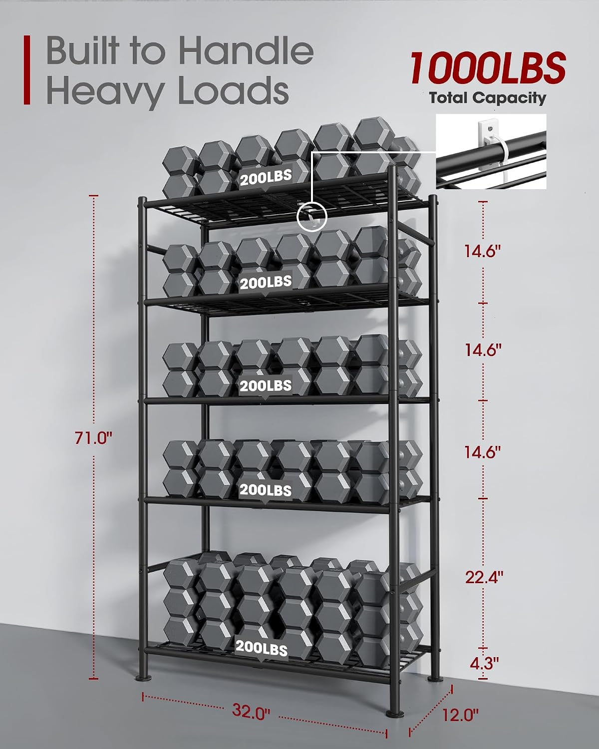 Detalle de Sakugi Storage Shelves 5-Tier Metal Shelving Unit with Leveling Feet (Black) – 72" H, Garage/Closet/Pantry Organizer