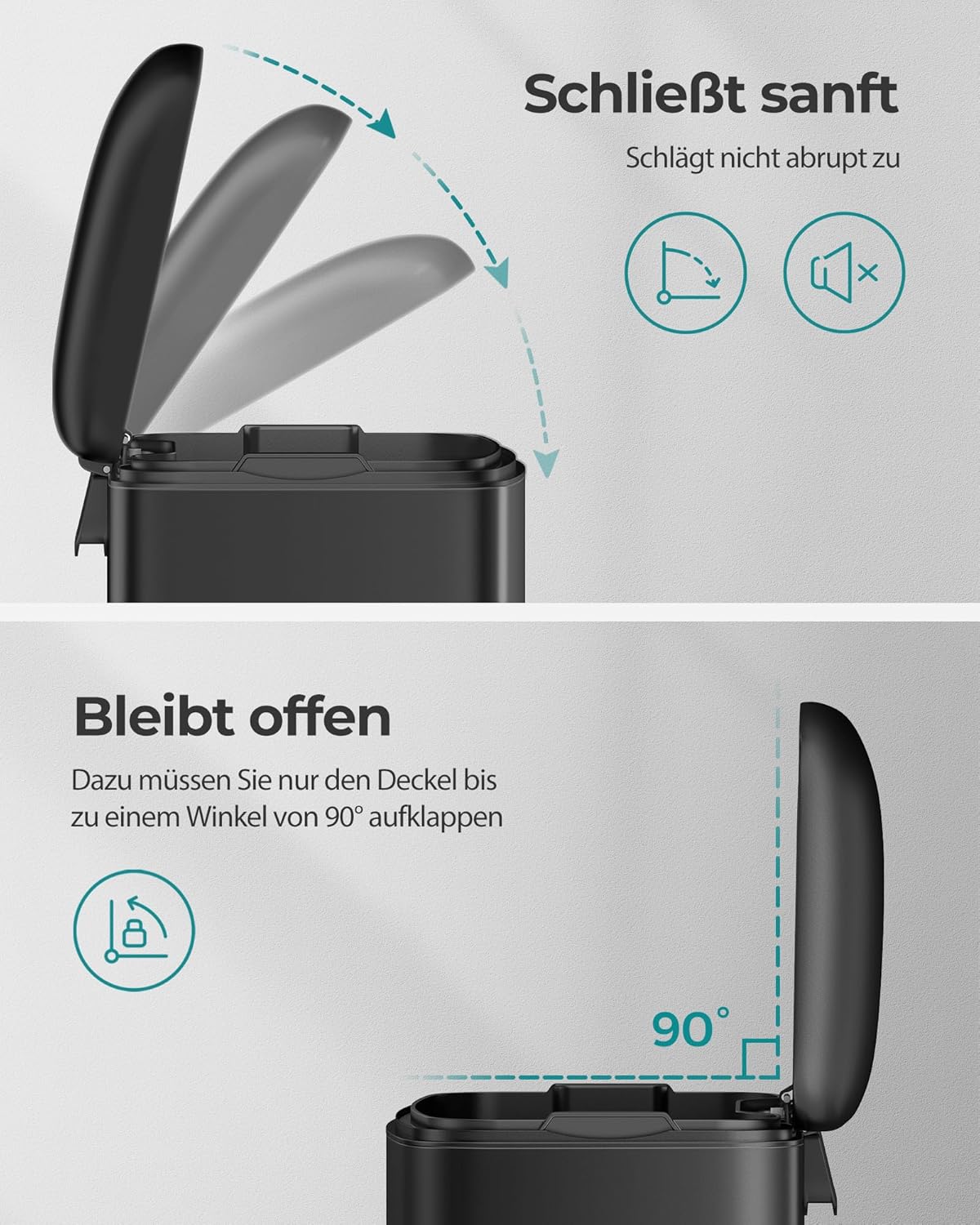 Detalle de SONGMICS Mülleimer 30 L mit Pedal aus Stahl, Innenbehälter und Deckel, Soft-Close, luftdicht – Schwarz LTB01BK