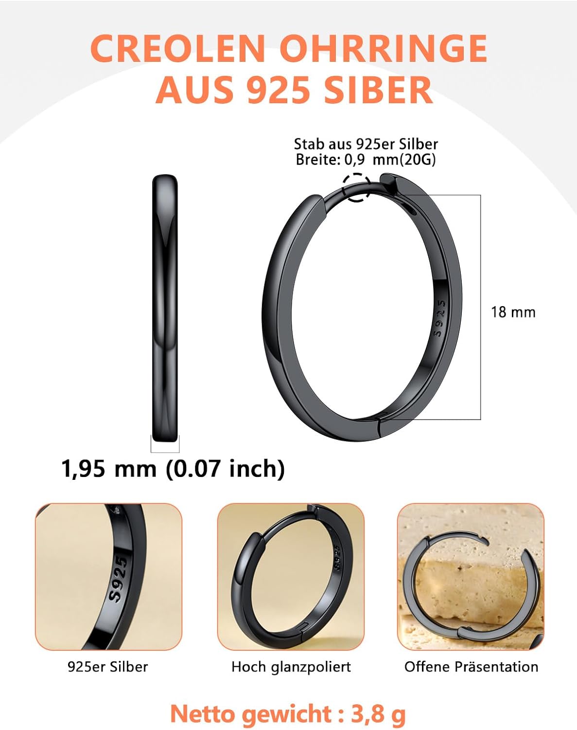 Thumbnail 3 de Silvora Kleine Creolen aus 925 Sterling Silber – Huggie/Hoop in 6–20 mm (Silber/Schwarz/Rosegold)