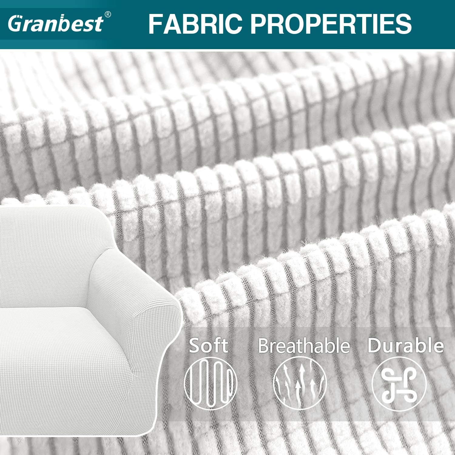 Thumbnail 3 de Granbest High Stretch 4 Seater Sofa Cover | Creamy White Jacquard Spandex Non-Slip Couch Slipcover