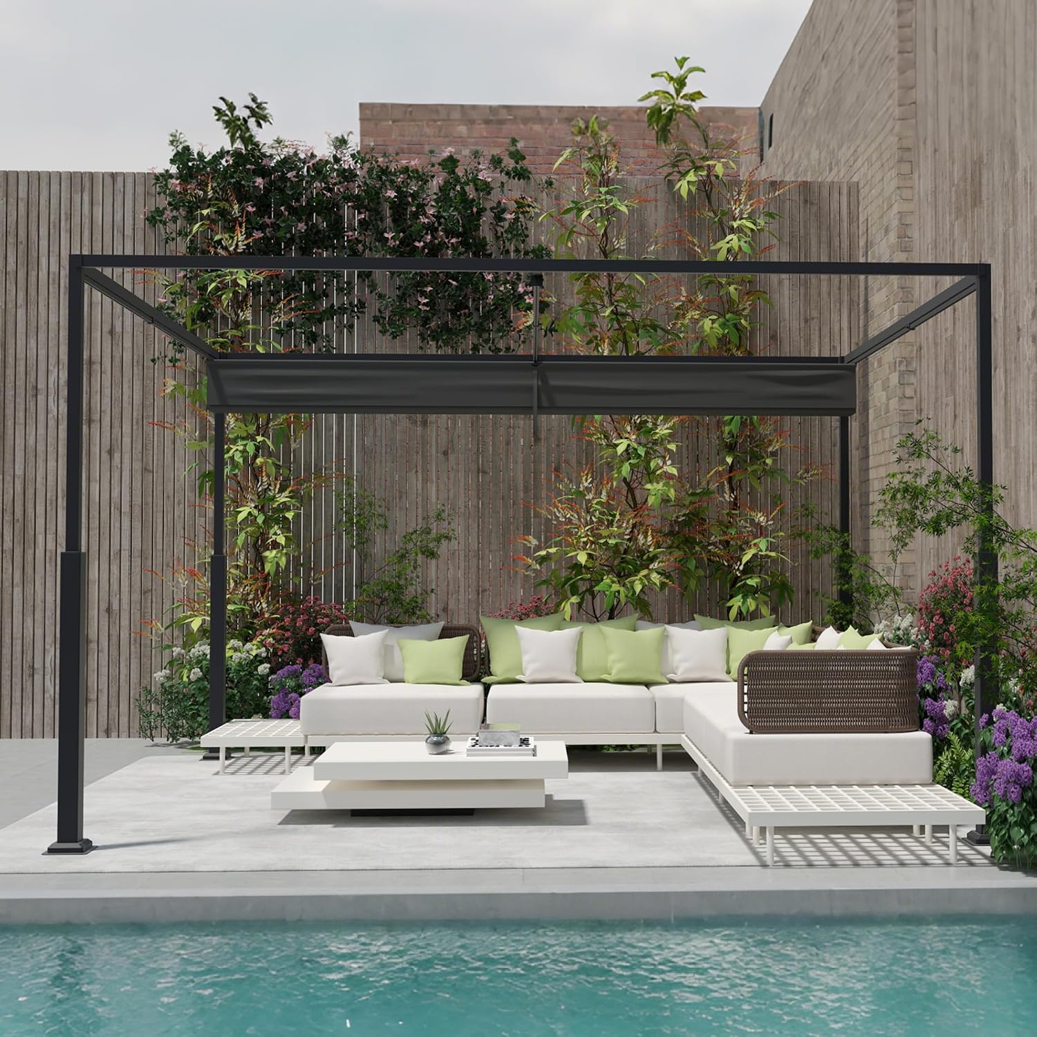 Detalle de VA-Cerulean Metall Pergola mit Schiebedach, 3x4 m – freistehender Pavillon aus Metall mit Sonnenschutz und schmalem Design in Schwarz