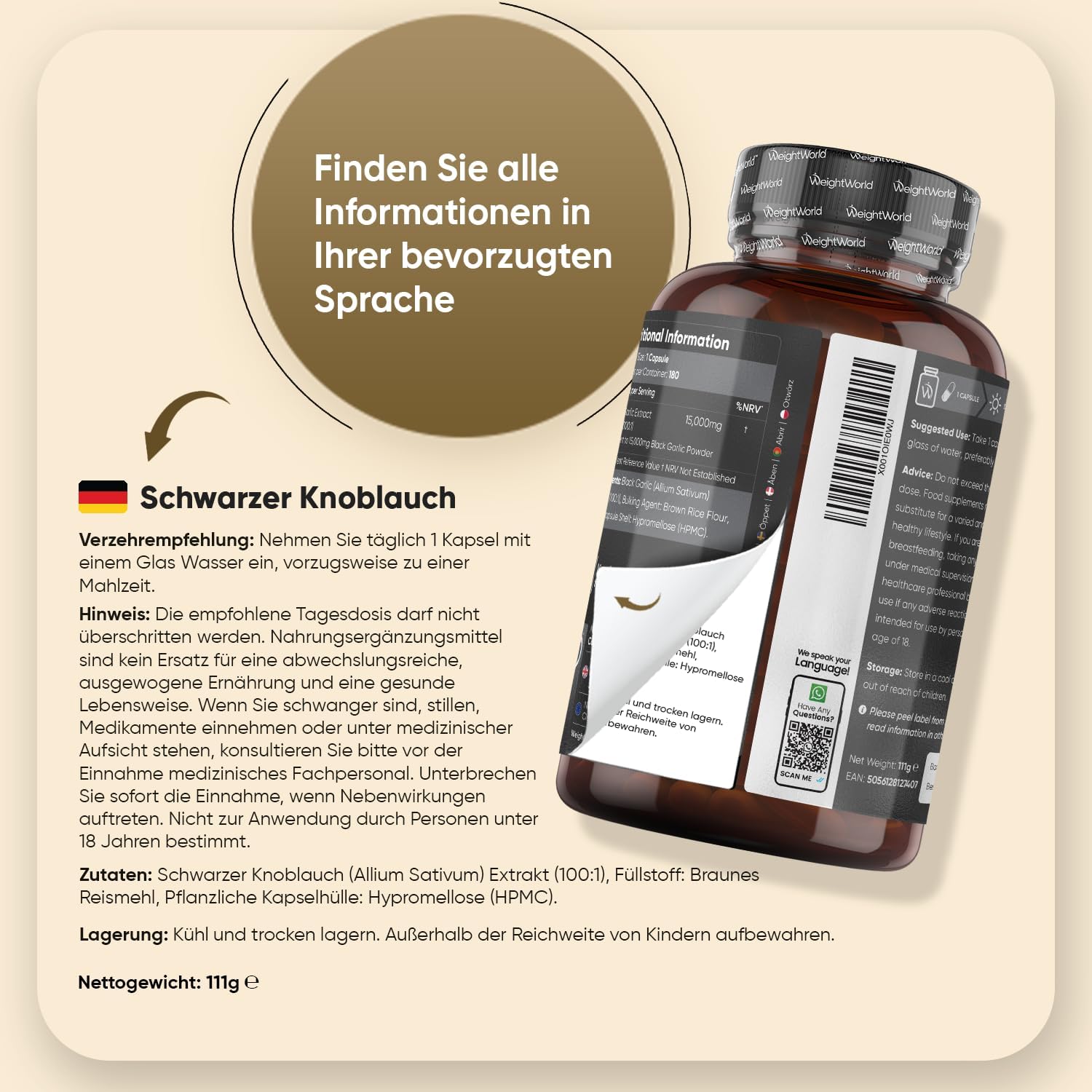 Thumbnail 3 de Schwarzer Knoblauch 100:1–15000 mg Extrakt (Allium sativum) – WeightWorld, 180 vegane Kapseln